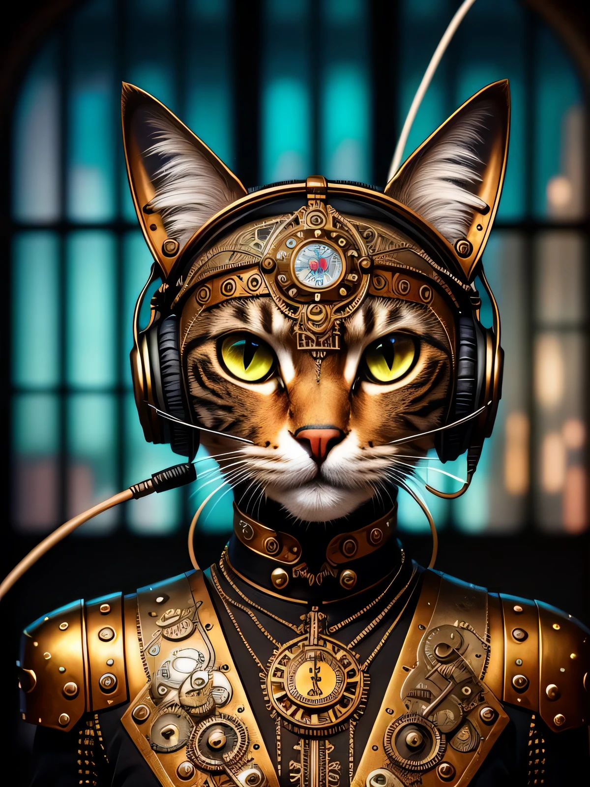 cat made out of metal, (cyborg:1.1), headphones, (intricate details, hyperdetailed:1.2), 4k, (steampunk style:1.2), intricate detail, stained glass window background