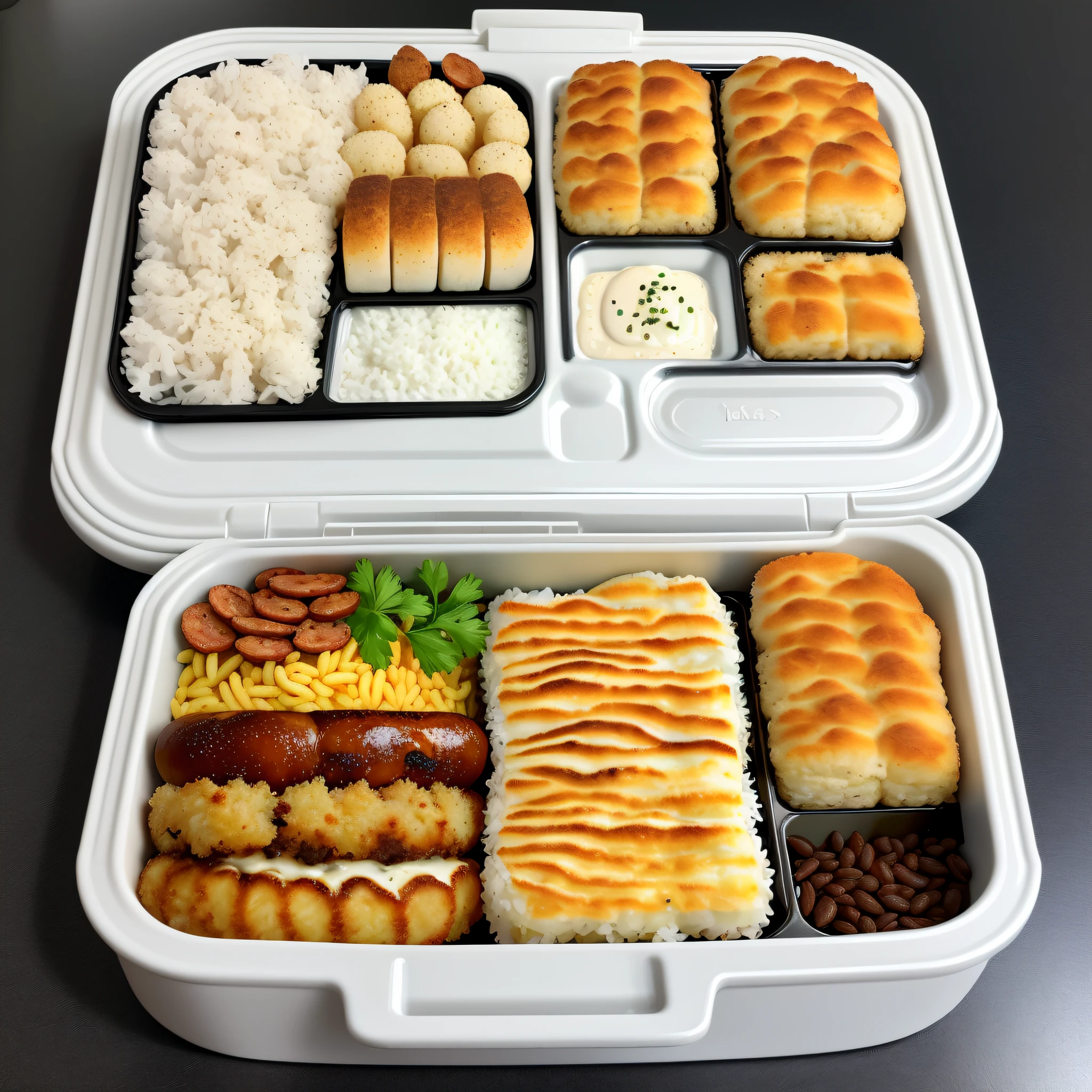 High quality and high resolution image round white styrofoam lunch box with black beans, white rice, omelette, french fries, gratinated cauliflower, roasted sausage, breaded loin, 4K