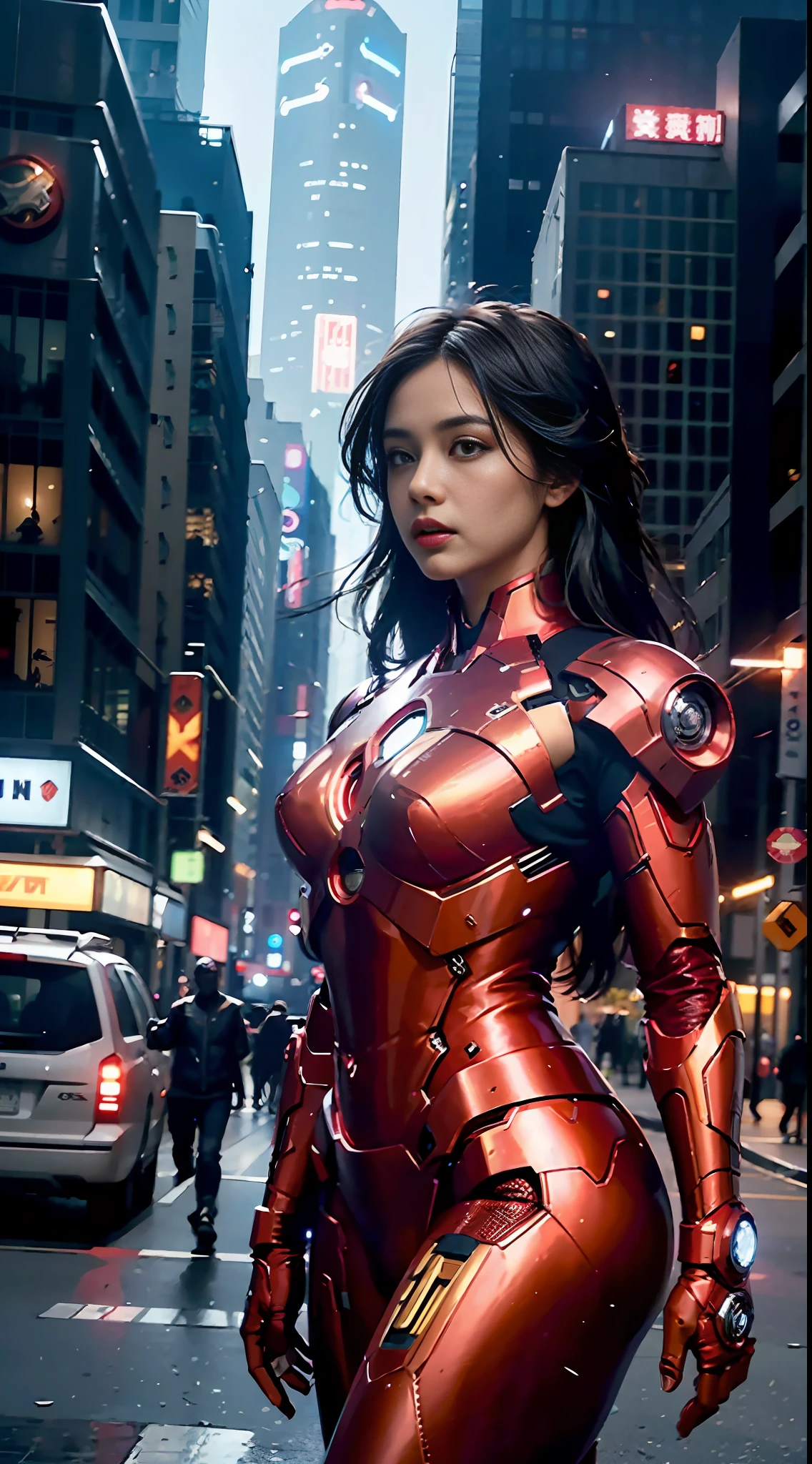 8k, realistic, attractive, highly detailed, a 20 year old girl a sexy and attractive woman inspired by Iron Man wearing a shiny Iron Man mech. She dresses with sexiness and confidence, perfectly interpreting Iron Man's strength and charisma. In a cyberpunk-style city night scene, a sexy and attractive woman takes Iron Man's cosplay as the theme. Wearing a shiny Iron Man mech, she stands on a street lined with tall buildings. The night lights of the city are bright, reflecting on her mecha, adding a sense of future technology. The surrounding buildings and streets are full of cyberpunk elements, such as neon lights, high-tech devices and futuristic architectural designs. The whole scene is full of futuristic and sci-fi atmosphere. This high-definition, high-quality picture will bring you stunning visual enjoyment, a perfect combination of sexy, futuristic and sci-fi elements. oc rendering, dramatic lighting, award winning quality