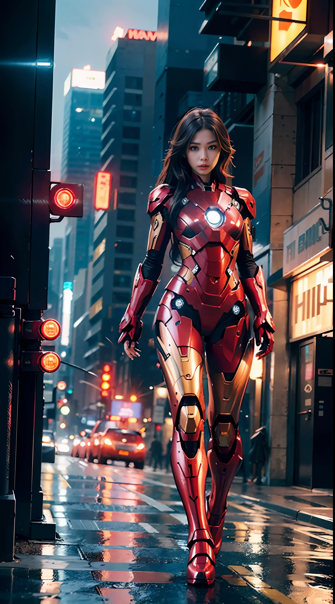 8k, realistic, attractive, highly detailed, a 20 year old girl a sexy and attractive woman inspired by Iron Man wearing a shiny Iron Man mech. She dresses with sexiness and confidence, perfectly interpreting Iron Man's strength and charisma. In a cyberpunk-style city night scene, a sexy and attractive woman takes Iron Man's cosplay as the theme. Wearing a shiny Iron Man mech, she stands on a street lined with tall buildings. The night lights of the city are bright, reflecting on her mecha, adding a sense of future technology. The surrounding buildings and streets are full of cyberpunk elements, such as neon lights, high-tech devices and futuristic architectural designs. The whole scene is full of futuristic and sci-fi atmosphere. This high-definition, high-quality picture will bring you stunning visual enjoyment, a perfect combination of sexy, futuristic and sci-fi elements. oc rendering, dramatic lighting, award winning quality