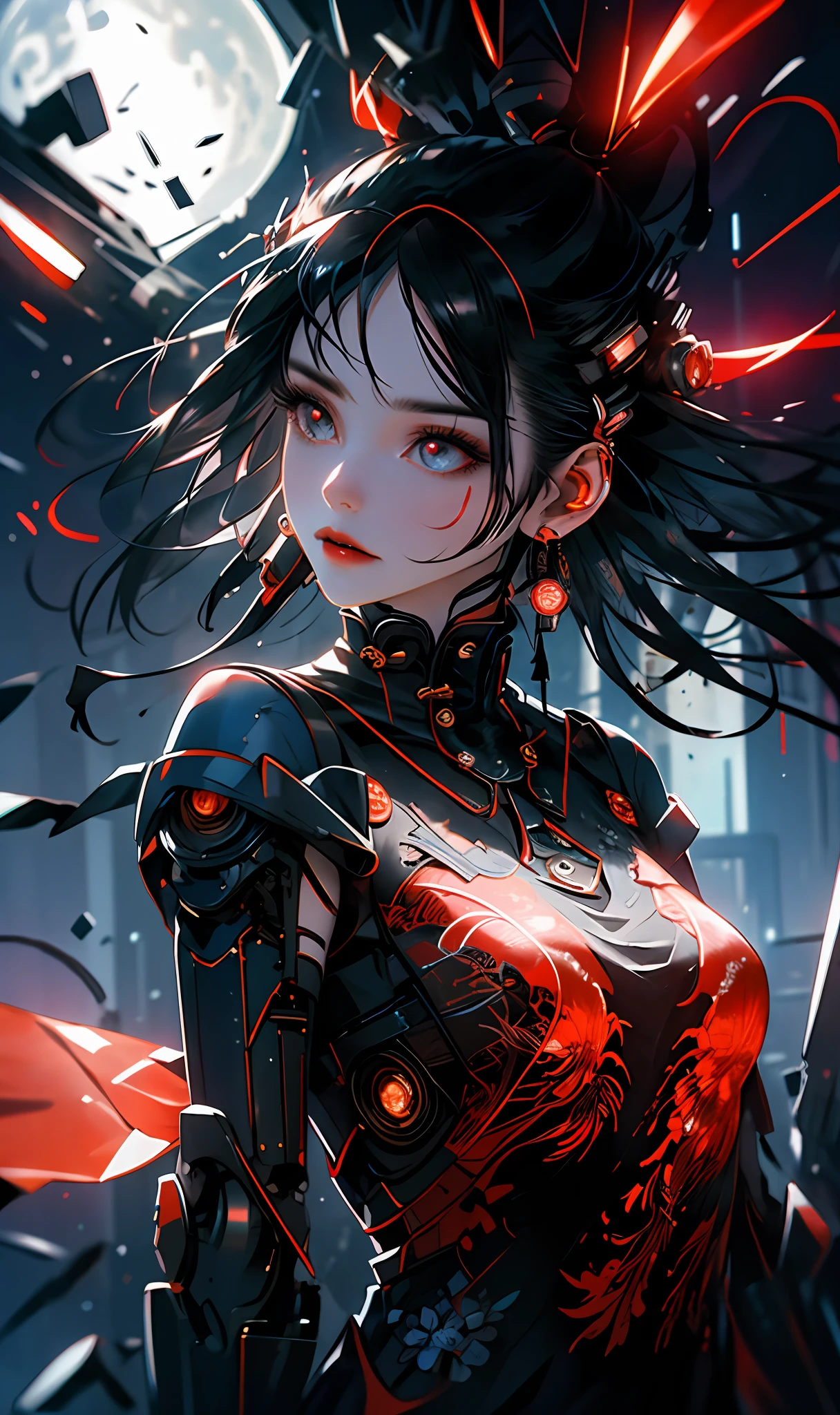1 girl, Chinese_clothes, liquid black titanium and red, cyberhan, cheongsam, cyberpunk city, dynamic pose, detailed luminous headphones, luminous hair accessories, long hair, luminous earrings, luminous necklace, cyberpunk, high-tech city, full of mechanical and futuristic elements, futuristic, technology, glowing neon, red, red light, transparent black tulle, black ribbon, laser, digital background urban sky, big moon, with vehicles, best quality, masterpiece, 8K, character edge light, Super high detail, high quality, the most beautiful woman in human beings, micro smile, face facing front left and right symmetry, ear decoration, beautiful pupils, light effects, visual data, dark black hair, super detailed face texture, bright leather red gloves, elevation shooting, surreal light and shadow, complex brush strokes, complex lines, background night