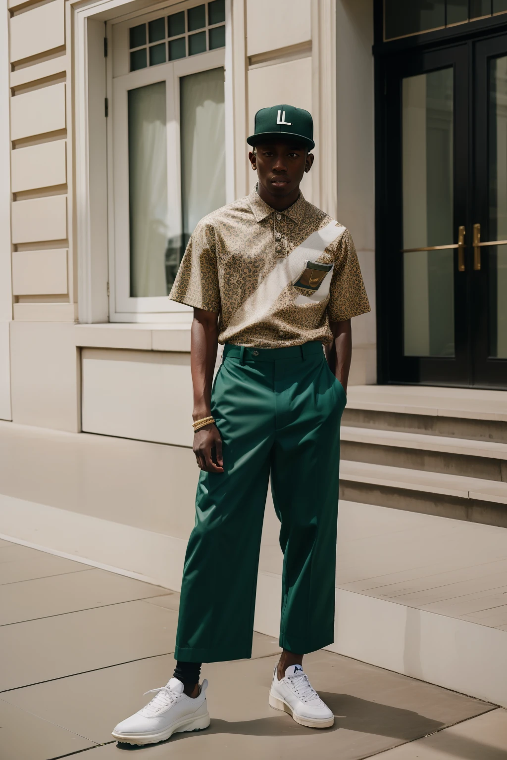 concept fashion design of a man in clothing designed by tyler the creator, golf lefleur, aimeleondore, pharrel williams style, loewe, luxury streetwear