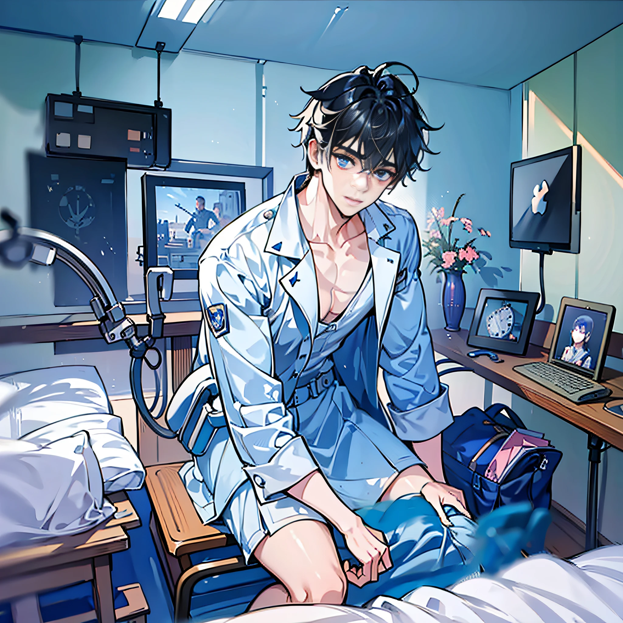 "An adult male in a hospital setting, with black hair and blue eyes. Hospital bed, the picture should be a full-body shot and have dynamic lighting