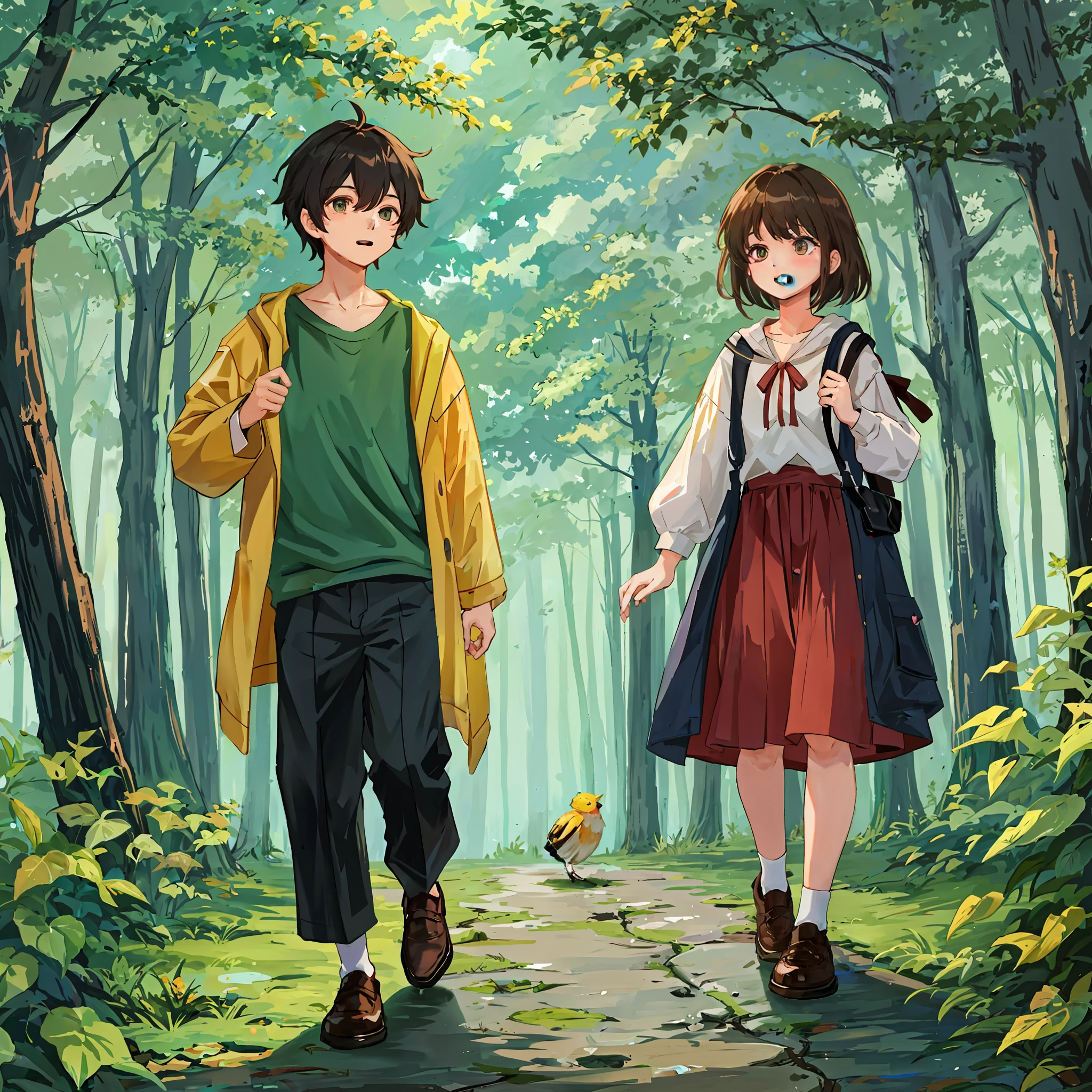 /Create a couple of characters (boy and girl) in a forest where they find a magical bird!