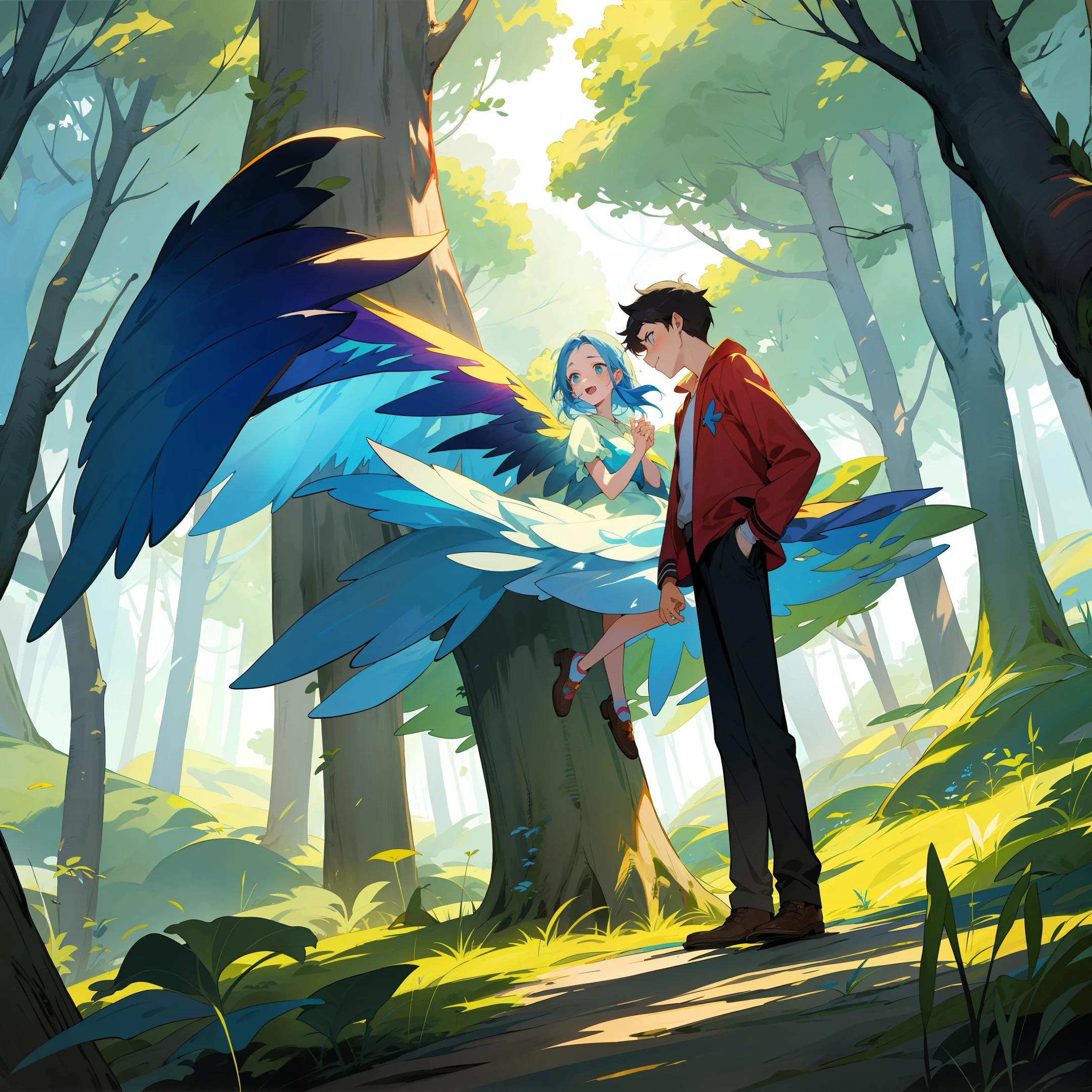 /Create image of a boy and a girl (couple) in a forest, encountering a magical bird for a children's book.