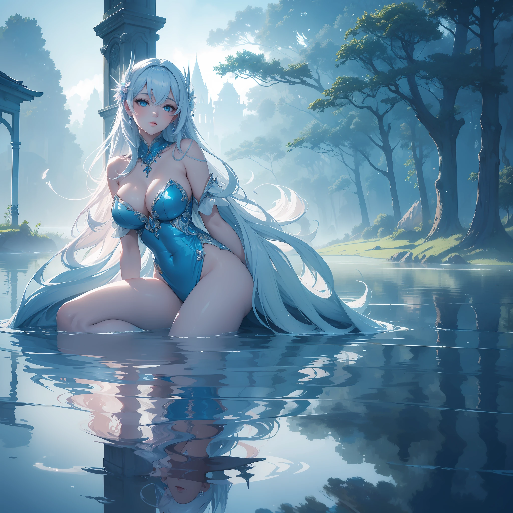 (masterpiece), best quality, ultra-detailed, (ethereal), (lady of the lake),(alluringly beautiful:1.2),(captivatingly sexy:1.3), floating, (vibrant:0.9+pastel:0.8) colors, (reflection on water:1.2), (mystical atmosphere), high resolution, dynamic angle.