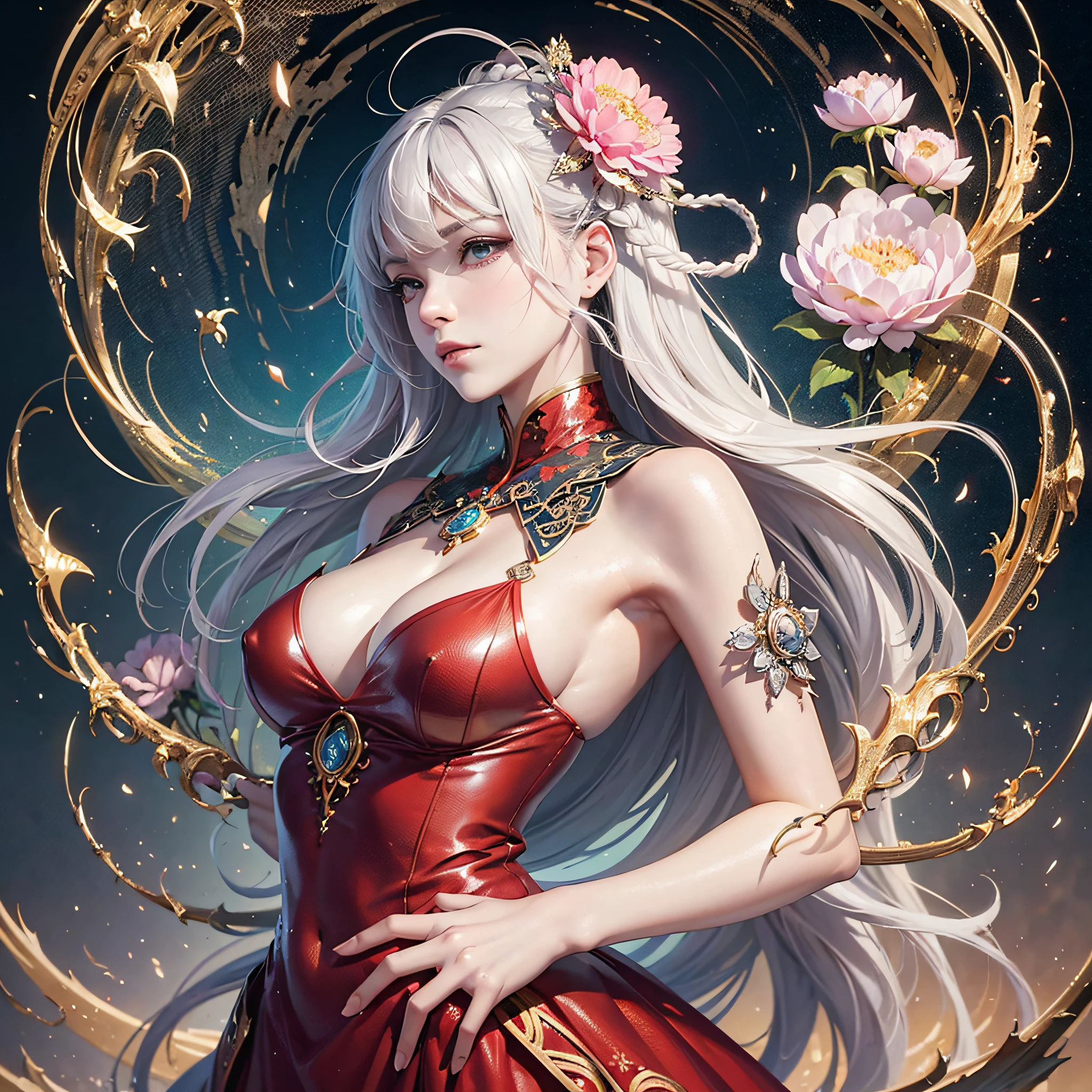 Official Art, Unity 8k Wallpapers, Ultra Detailed, Beautiful and Aesthetic, Masterpiece, Best Quality, (Zentangle, Mandala, Tangled, Entangle), (Fractal Art: 1.3), 1girl, Very Detailed, Dynamic Angle, Cowboyshot, Most Beautiful Forms Chaotic, Elegant, Fauvist Design, Bright Colors, Romanticism, James Jean, Robbie Devi Antono, Ross Tran, Francis Bacon, Michal Mlaz, Adrian Gaini, Petra Cortwright, Gerhard Richter, Takashi Yamamoto, Ashley Wood, atmospheric, night, real light, top quality, 8k, masterpiece: 1.3)), normal body type: 1.4, peony flower in hand, red dress, flowing, long silver hair, holy, atmospheric, chest squeezed together --auto --s2