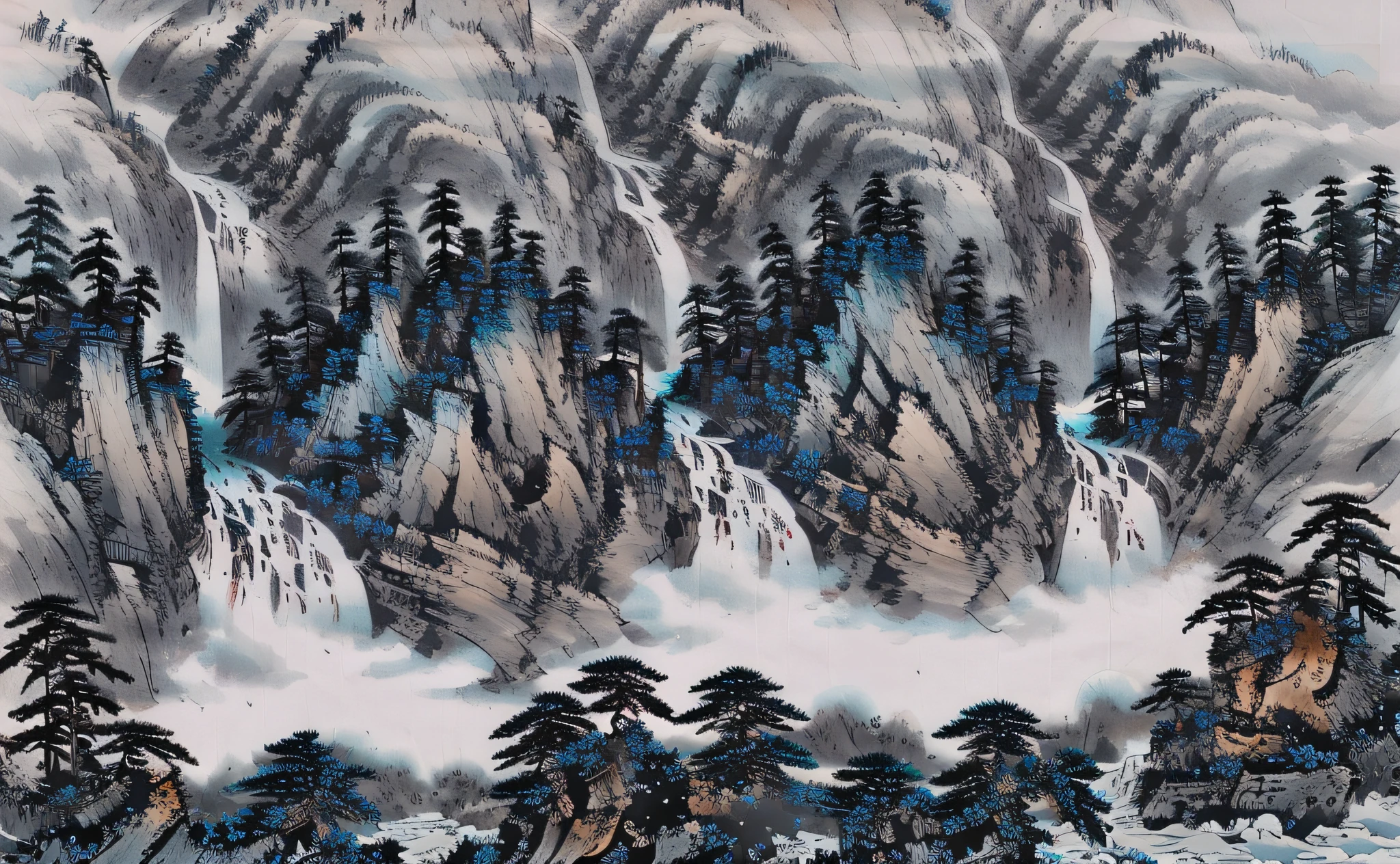 ((masterpiece)), ((best quality)), ((high-res)), ((extremly details)), ((Ink wash)), ((artist)), a painting of longly mountain and pine_tree, branch, no_humans, outdoor, landscape, birds, waterfall, river, indigo pigment, zulishisong_style_mountains, high detail, award-winning, best quality, 4K