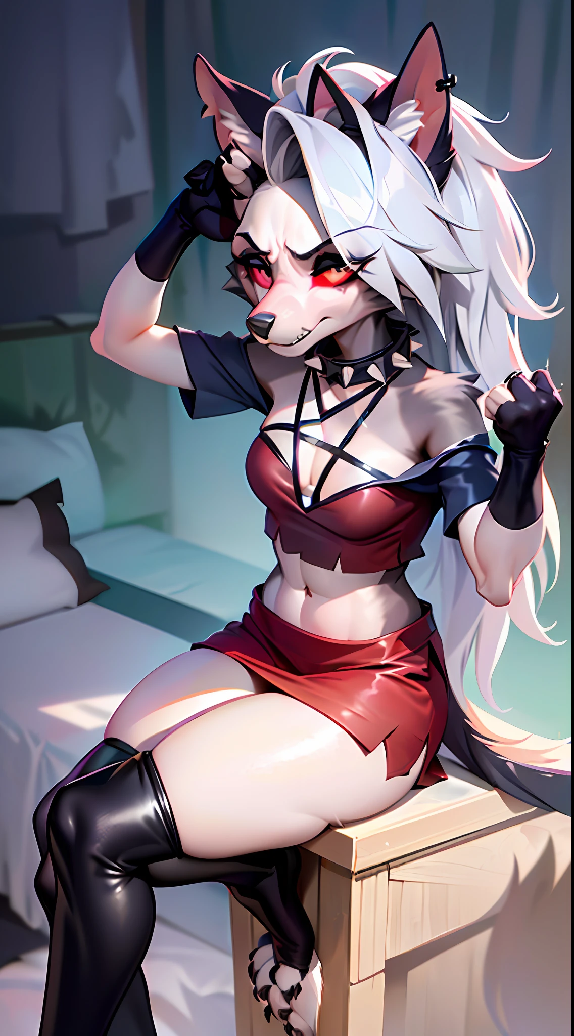 highres, 1girl, ((hair cover one eye, loona dress,(( short red collared dress)), detailed face, spiked collar, pentagram on chest, long legs, ((angry)),((bored face)), feet, loona tail, bedroom, indoors, loona gloves, standing and leaning against the bottom))), soil, crop top, medium breasts, full body, belly, thin waist, large hips, ((((front)))), loona, black thighs, hairy, fur, antrum, red eyes, paws, nsfw, trying to be sexy, (((goth make-up))),