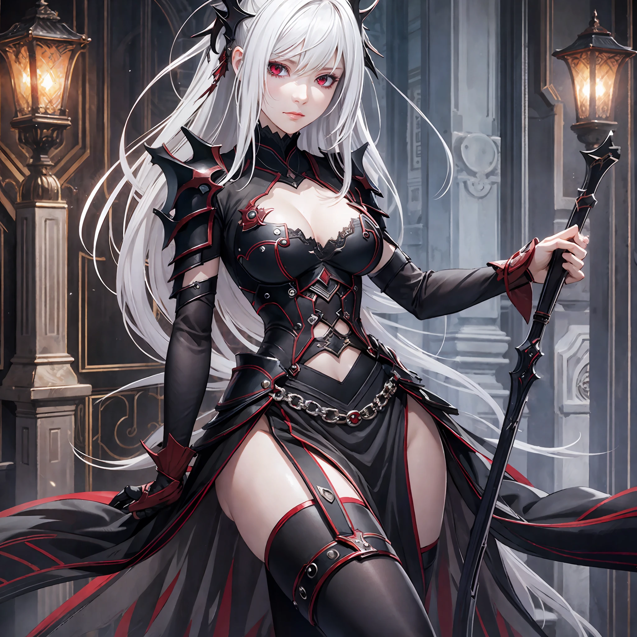masterpiece, best quality, 1woman, adult, female focus, solo, white hair, long hair, vibrant red eyes, looking at viewer, High quality metal texture, closed mouth, bangs, high collar,(kbxll:0.6), Fantasy aesthetics, Highly detailed, shadowverse style, full body, goddess