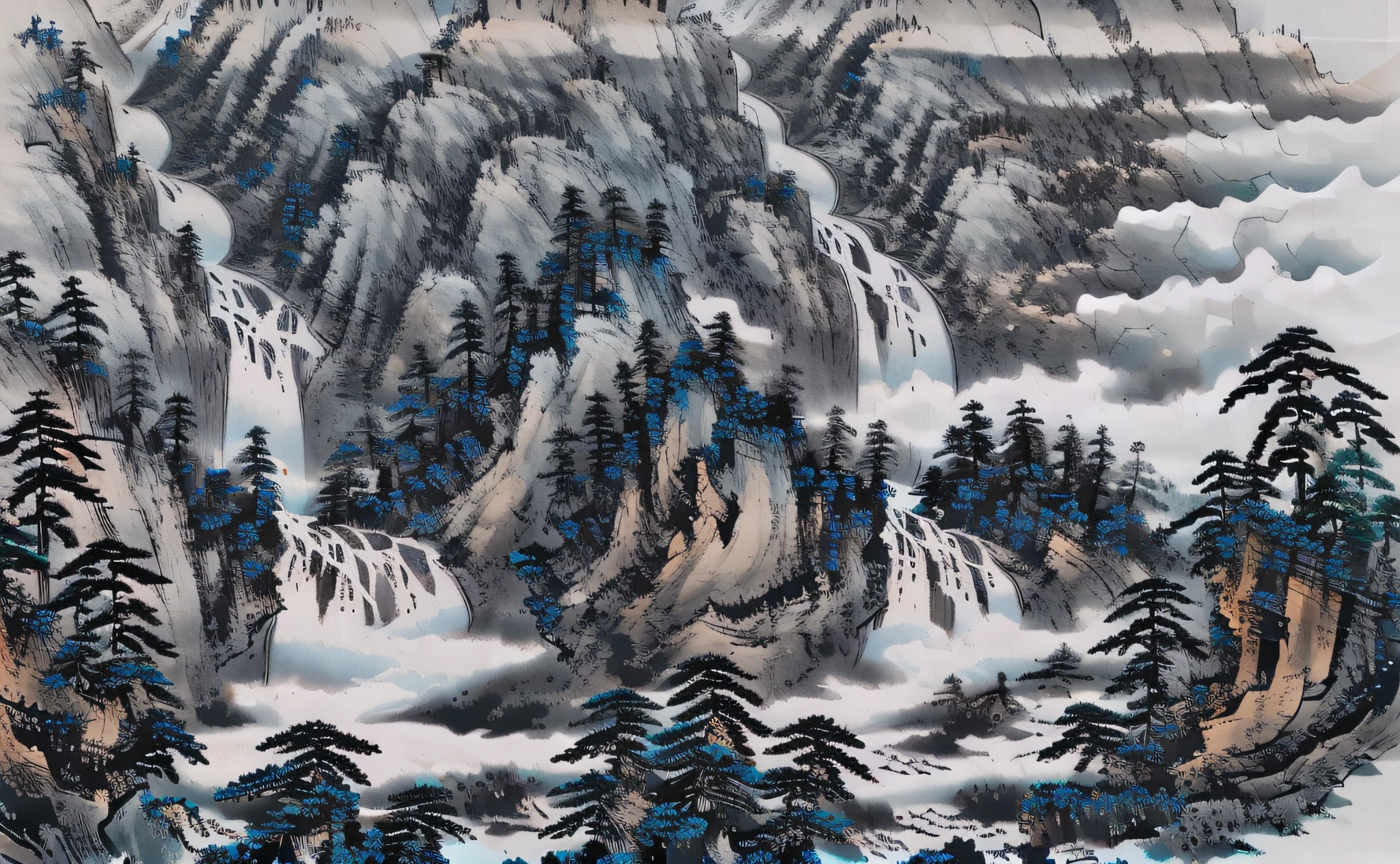 ((masterpiece)), ((best quality)), ((high-res)), ((extremly details)), ((Ink wash)), ((artist)), a painting of longly mountain and pine_tree, branch, no_humans, outdoor, landscape, birds, waterfall, river, indigo pigment, zulishisong_style_mountains, high detail, award-winning, best quality, 4K