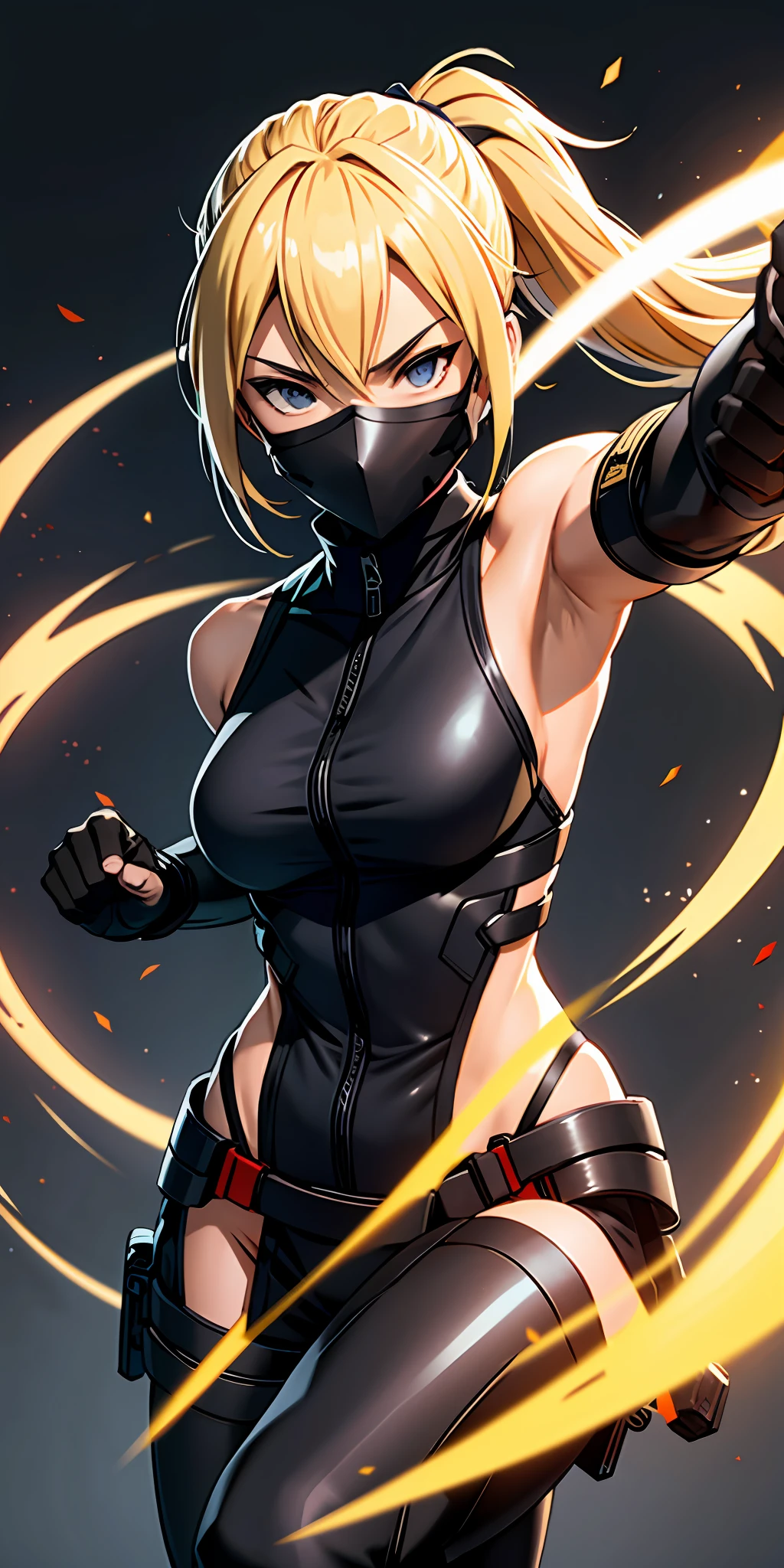 a ninja, female with transparent mask with sample mouth, blonde hair, battle pose,