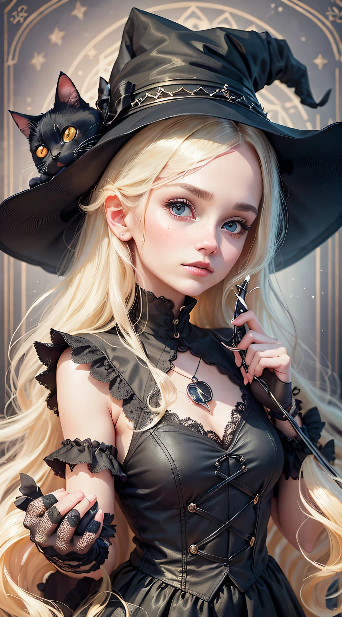 A detailed and charming description of a cute little witch in black with a delicate look, blonde hair and a black cat on the side. Its realistic 3D appearance is captivating, with soft and expressive strokes. The little witch wears a black dress adorned with magical details and holds a magic wand in her hand. Her blonde hair cascades down with a soft sheen, complementing her gentle and curious expression. Beside him, the shiny-furred black cat watches with mysterious, enigmatic eyes --auto --s2