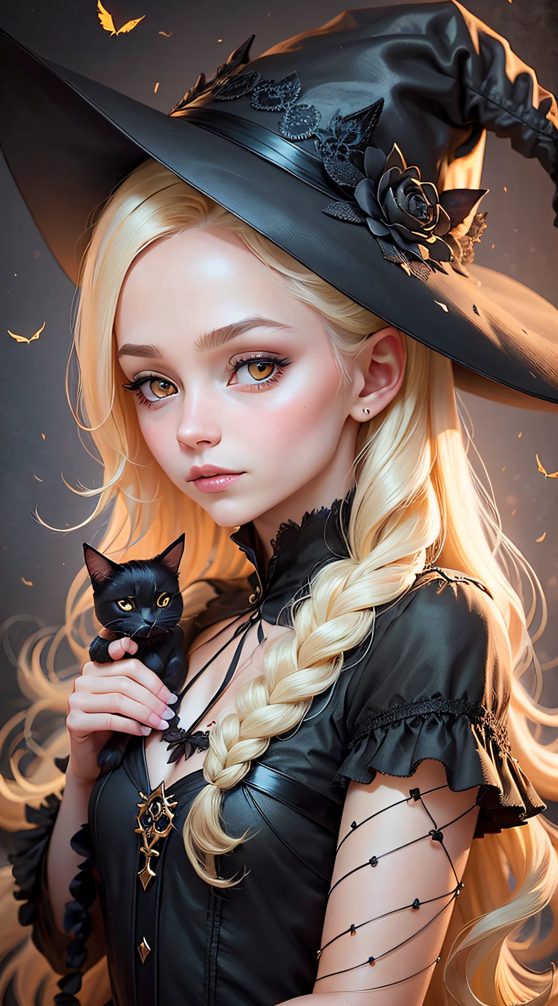A detailed and charming description of a cute little witch in black with a delicate look, blonde hair and a black cat on the side. Its realistic 3D appearance is captivating, with soft and expressive strokes. The little witch wears a black dress adorned with magical details and holds a magic wand in her hand. Her blonde hair cascades down with a soft sheen, complementing her gentle and curious expression. Beside him, the shiny-furred black cat watches with mysterious, enigmatic eyes --auto --s2
