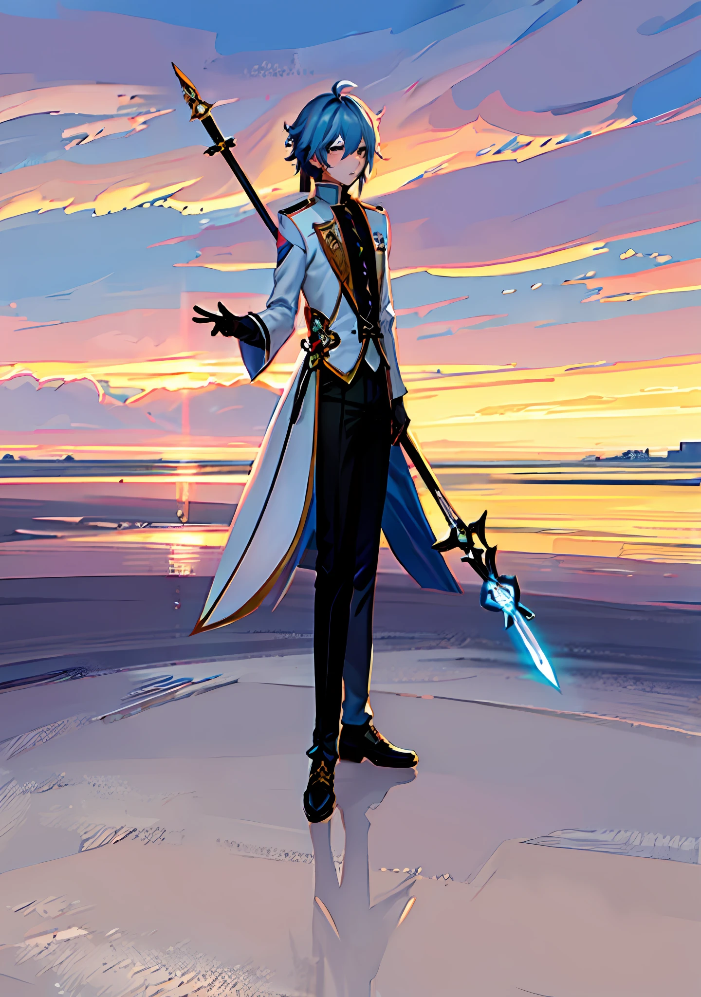 Anime characters with blue hair and sword in white costume, Genshin Impact Kokiyo, Genshin Impact character, Remrezze, Genshin Impact, Genshin Impact Nakata, Detailed Key Anime Art, Exquisite Hermaphroditic Prince, Muneshima Shigeri Illustration, Genshin Impact Style, Beautiful Hermaphroditic Prince, Key Anime Art, Genshin Impact, Ark of Tomorrow