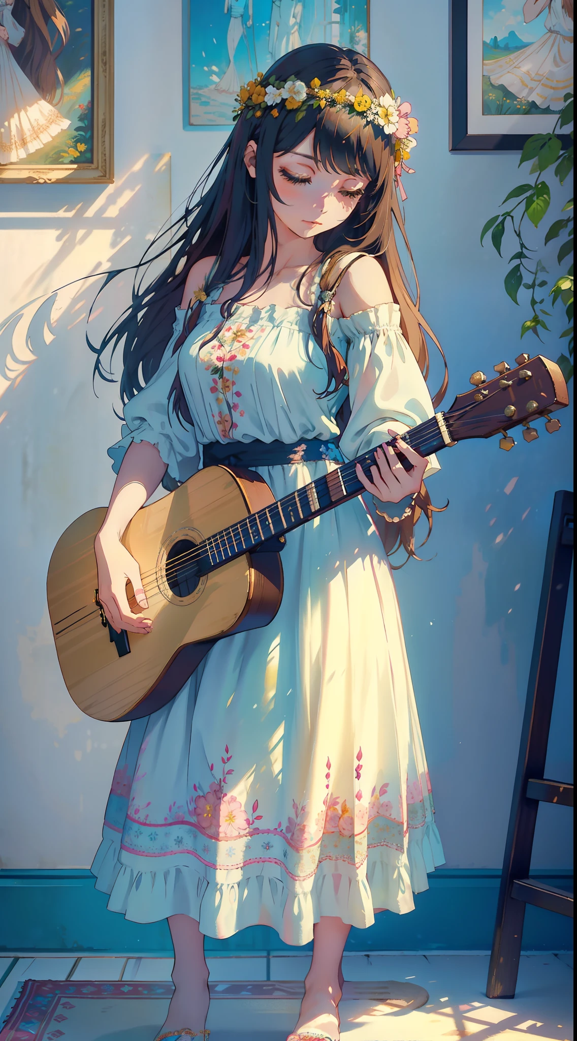 Girl, Solo: Style: Boho Quality: Dreamer Quality: Creative Painting: Delicate Henna on her hands and feet Image effect: A soft filter, creating an ethereal atmosphere around her Appearance: Wearing a long dress with floral prints and a wreath in her loose hair Composition: Holding a guitar and surrounded by books and brushes.