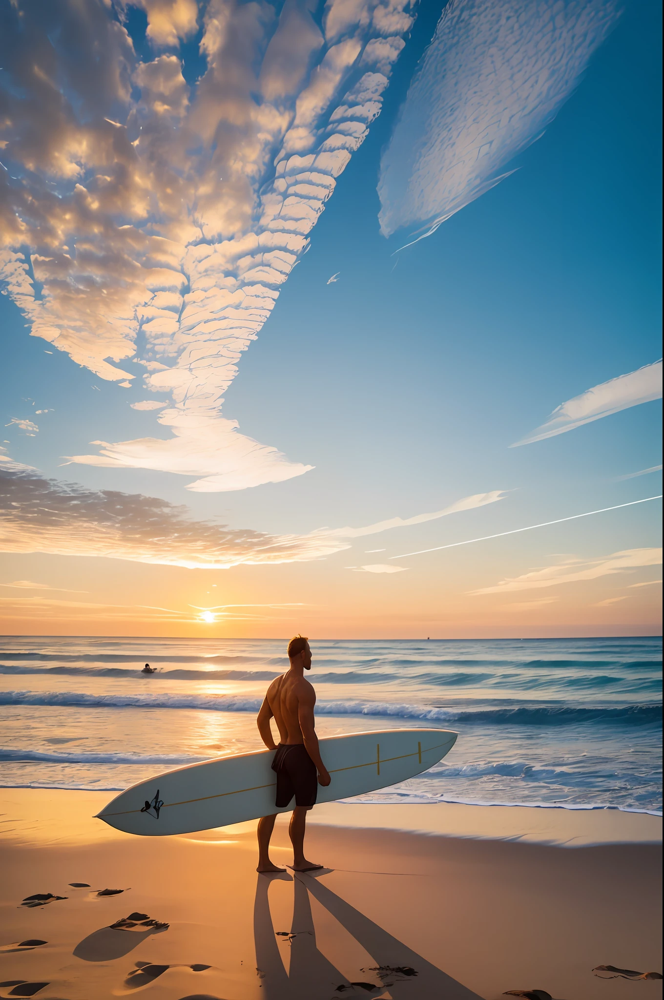 surfer standing with his Surfboard on the beach of a shimmering ocean, golden hour, enjoying the late sunset, Film still, Closeup shot, extremely low angle, national Geography Photography, --auto --s2