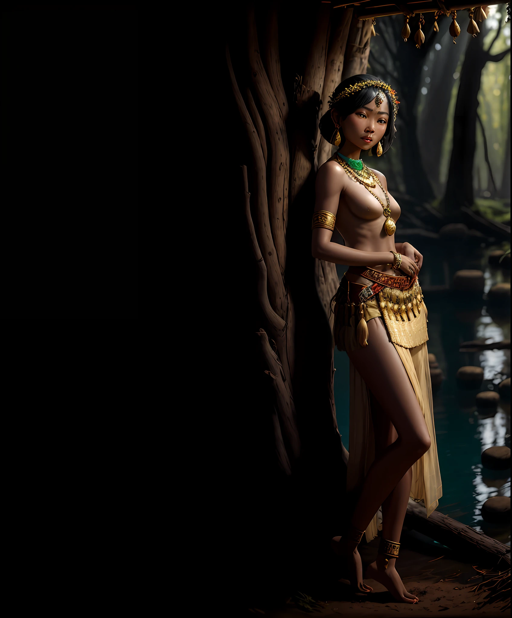 award winning photo, highest quality, extremely detailed, (realistic), photorealistic, (bright: 1.5),
1girl, solo focus, (prmitive:1.4), (tribe:1.4), cowboy shot,
bright outdoors, sunny, pond, thatched and rammed earth village,
(topless), nude, nsfw,,
Age:21, long black straight hair, jawa,
bare legs, mini jawa kebaya skirt, barefoot,
elegant, ancient, gold necklace, jade earings, head wreath, asian pattern,
log pile,
soft light, depth of field, cinematic lighting, film photograph, f1.6 lens hyper realistic lifelike texture dramatic, dynamic lighting,
(ulzzang-6500-v1.1:0.3),