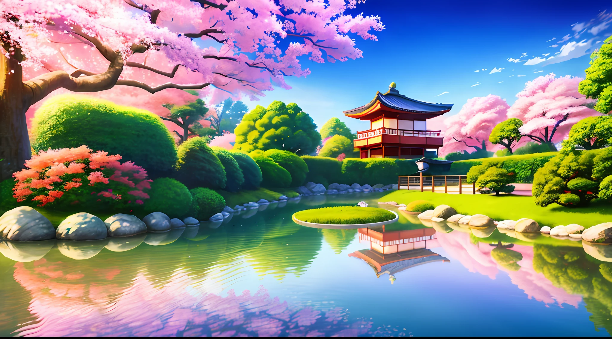 (digital painting),(best quality), serene Japanese garden, cherry blossoms in full bloom, koi pond, footbridge, pagoda, Ukiyo-e art style, Hokusai inspiration, Deviant Art popular, 8k ultra-realistic, pastel color scheme, soft lighting, golden hour, tranquil atmosphere, landscape orientation