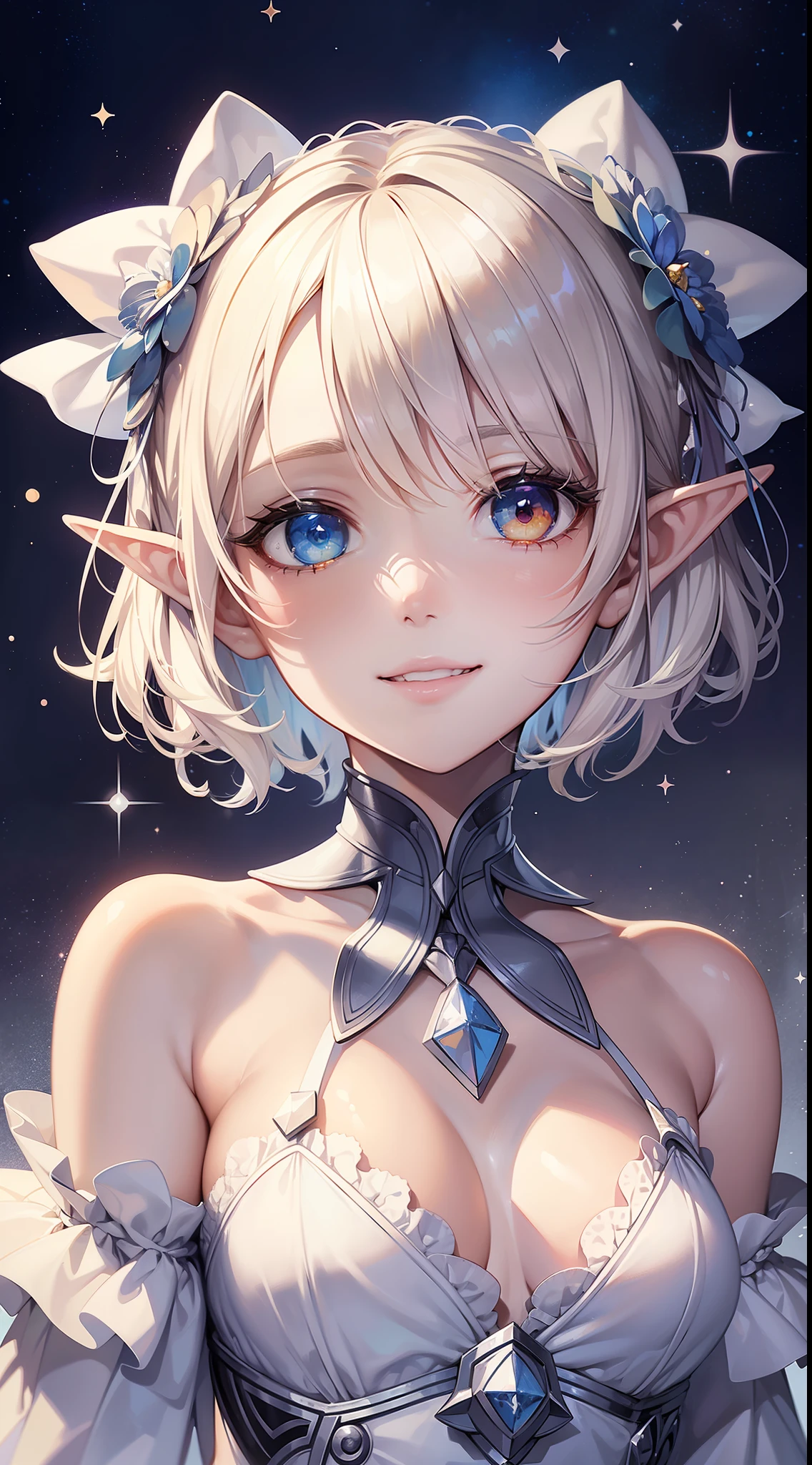 (masterpiece, top quality, super high quality), beautiful starry sky background, one, beautiful elf girl, kind-hearted princess, (slender), (slender), (very small breasts)), platinum blonde short hair, gradient hair, (heterochromia), beautiful detail eyes, pale orange, white, white halter neck, whitish clothes, bow, frill, (((bust shot)), close-up, a smile that you want to protect