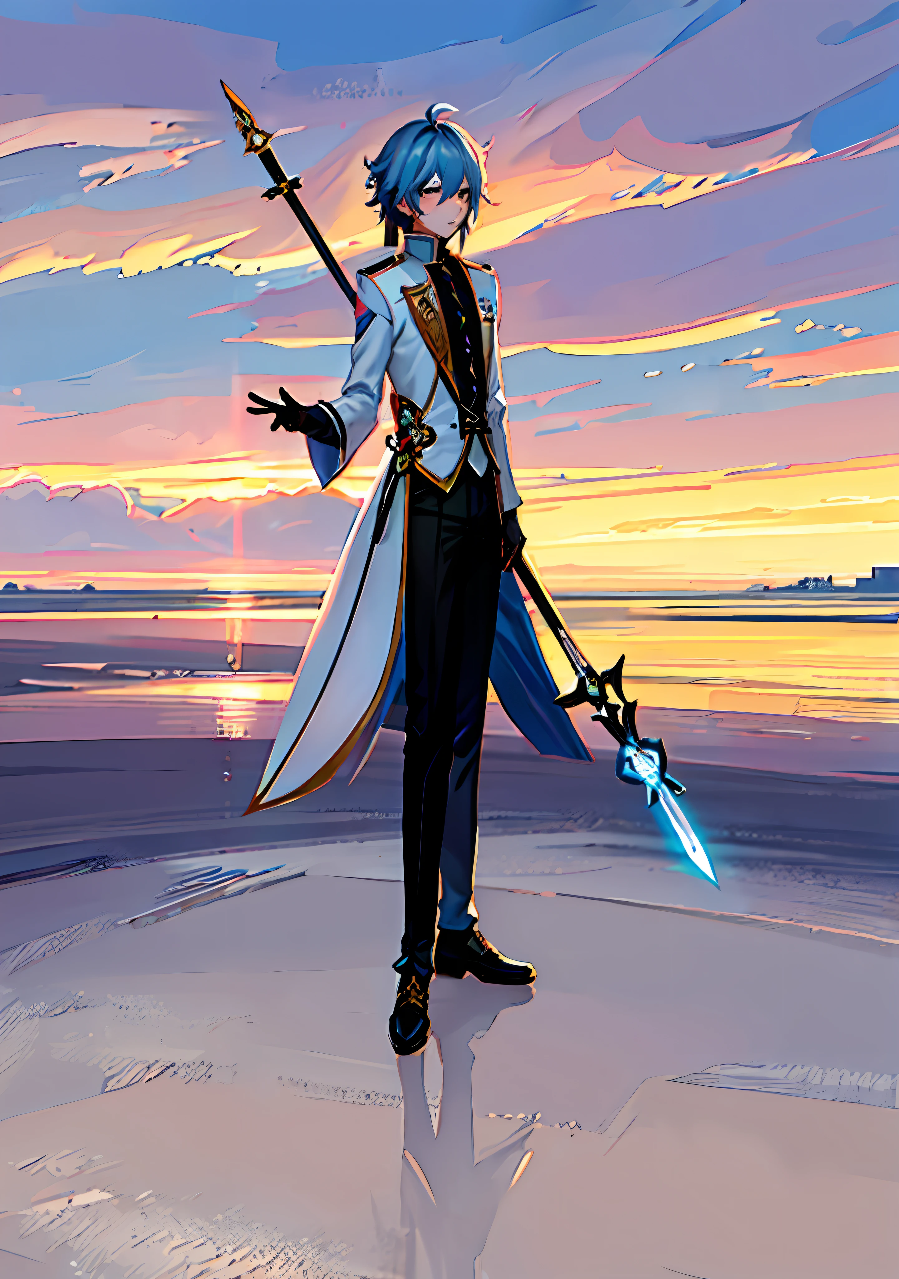 Anime characters with blue hair and sword in white costume, Genshin Impact Kokiyo, Genshin Impact character, Remrezze, Genshin Impact, Genshin Impact Nakata, Detailed Key Anime Art, Exquisite Hermaphroditic Prince, Muneshima Shigeri Illustration, Genshin Impact Style, Beautiful Hermaphroditic Prince, Key Anime Art, Genshin Impact, Ark of Tomorrow