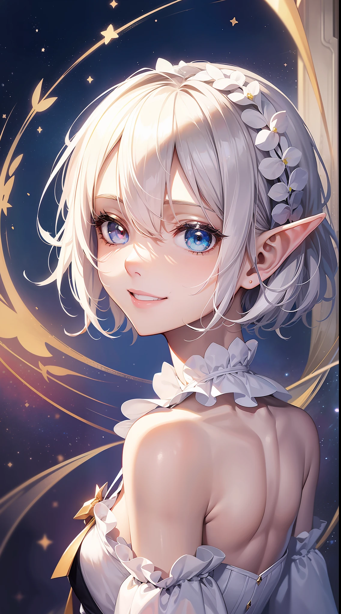 (masterpiece, top quality, super high quality), beautiful starry sky background, one, beautiful elf girl, kind-hearted princess, (slender), (slender), (very small breasts)), platinum blonde short hair, gradient hair, (heterochromia), beautiful detail eyes, pale orange, white, white halter neck, whitish clothes, bow, frill, (((bust shot)), close-up, a smile that you want to protect