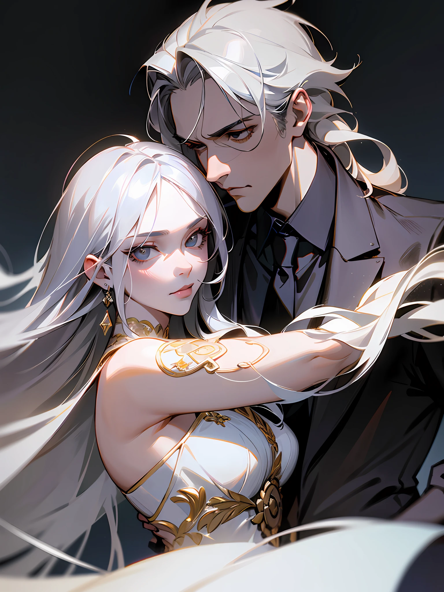 Masterpiece, Superb Fashion, (Fashion Costume), (Illustration), (2 People), Handsome Young Couple, (Russian Mill Style), Fashion, Silver Hair, (Long Hair), (Messy Hair), (White Skin), (Dark Circles), Handsome, Dance Steps, Trend, Dark Gray,, Close Up, (Grand Background), (Chiaroscuro)), Fine Face Details, Facial Details, Cinematic Lighting, (Depth of Field), UHD, (Upper Body), Black Background