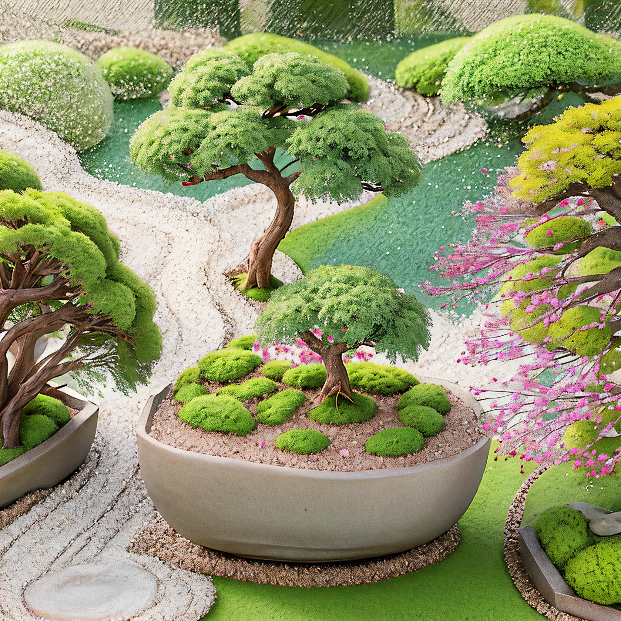 Miniature bonsai landscape with dolls above --auto --s2