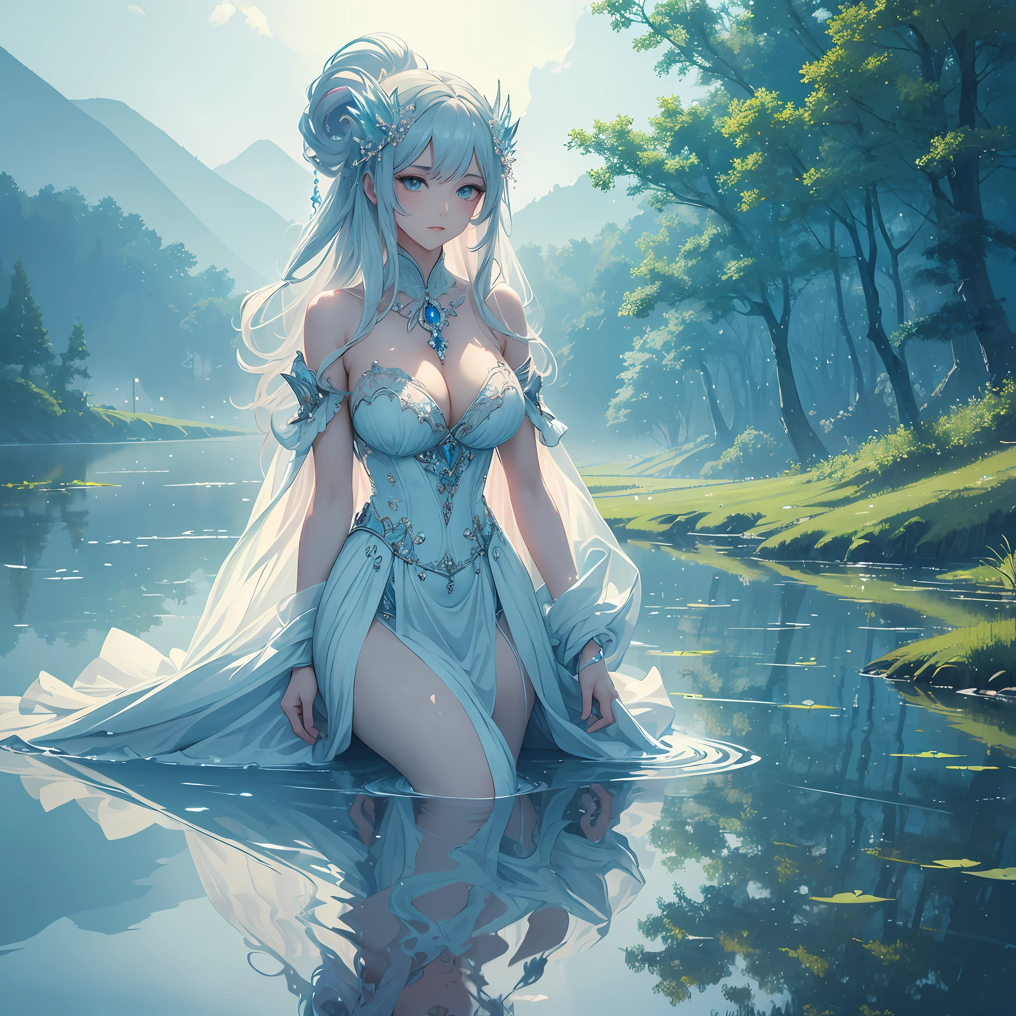 (masterpiece), best quality, ultra-detailed, (ethereal), (lady of the lake),(alluringly beautiful:1.2),(captivatingly sexy:1.3), floating, (vibrant:0.9+pastel:0.8) colors, (reflection on water:1.2), (mystical atmosphere), high resolution, dynamic angle.