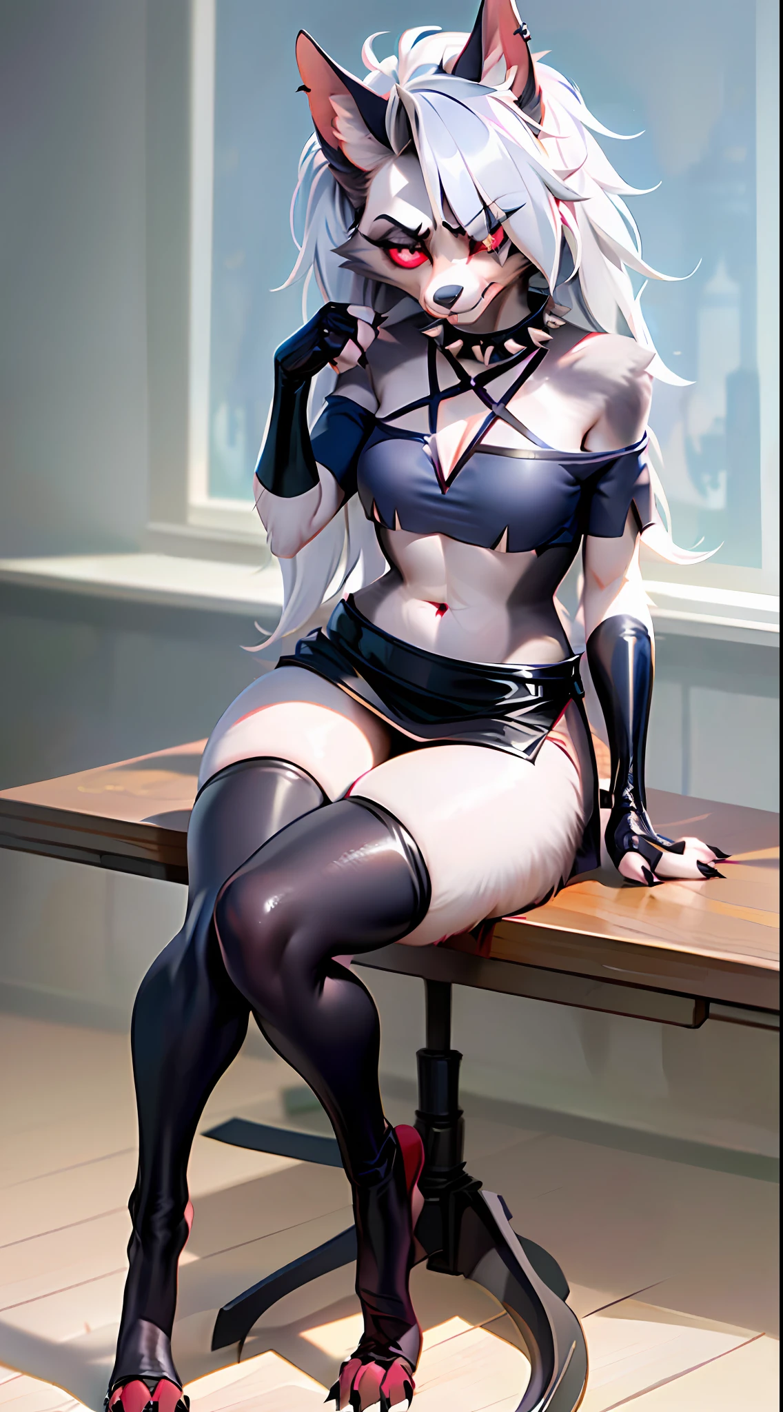 highres, 1girl, ((hair cover one eye, loona dress,(( short red collared dress)), detailed face, spiked collar, pentagram on chest, long legs, ((angry)),((bored face)), feet, loona tail, bedroom, indoors, loona gloves, standing and leaning against the bottom))), soil, crop top, medium breasts, full body, belly, thin waist, large hips, ((((front)))), loona, black thighs, hairy,  fur, antrum, red eyes, paws, nsfw, trying to be sexy, (((goth make-up))),