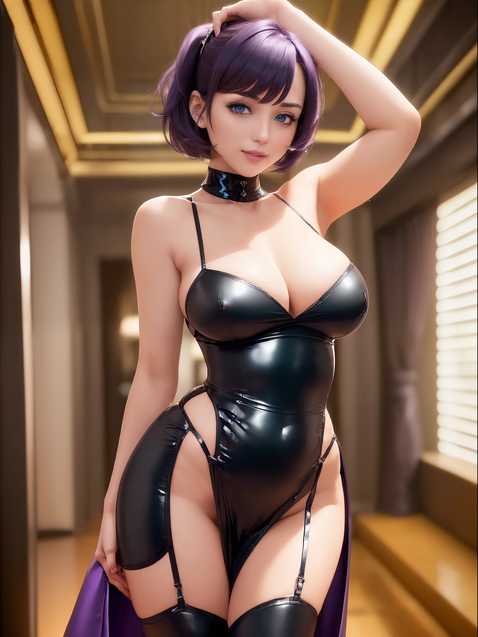 ((Full body):2) {((a woman and a man):2)}; {Only one woman}:{((She is wearing extremely sexy black maid outfit extremely tight and short in the body, with very short and tight white skirt):1.5), She has ((very short purple hair and sparkling green eyes ):1.5), She has ((extremely large breasts):1.5), She is ((looking at the viewer, smiling):1.5), She is ((striking an erotic pose):1.5)}; {Just a man}:{((He has short brown hair, blue eyes, is wearing a black suit, long dress pants):1.5), He ((is holding tightly):1.5) her, grabbing her by the waist}; {Background:((In a well-lit hotel, crowded with people of different ethnicities and clothing):1.5)}, Hyperrealism, 16k, ((best quality, high details):1.4), anatomically correct, UHD, masterpiece, ambient lighting