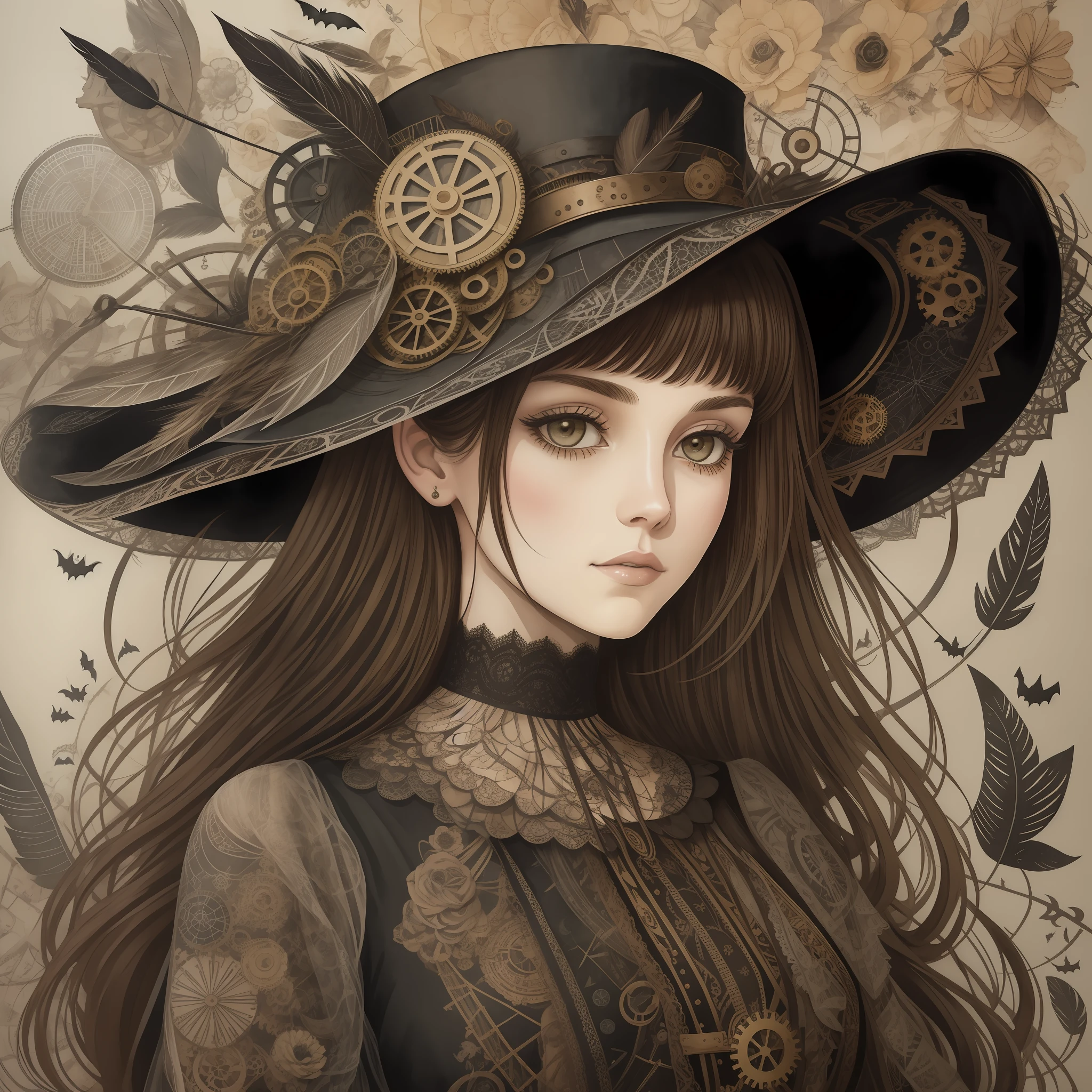 artistic portrait of a girl in a tall hat against a balanced collage background for a magazine, steampunk detailed layers, paper and lace elements in watercolor and ink style, pastel brown and black tones, aesthetically pleasing, grungy aesthetic, lace and feathers, halloween vibes, black ink splashes, mixed mass media