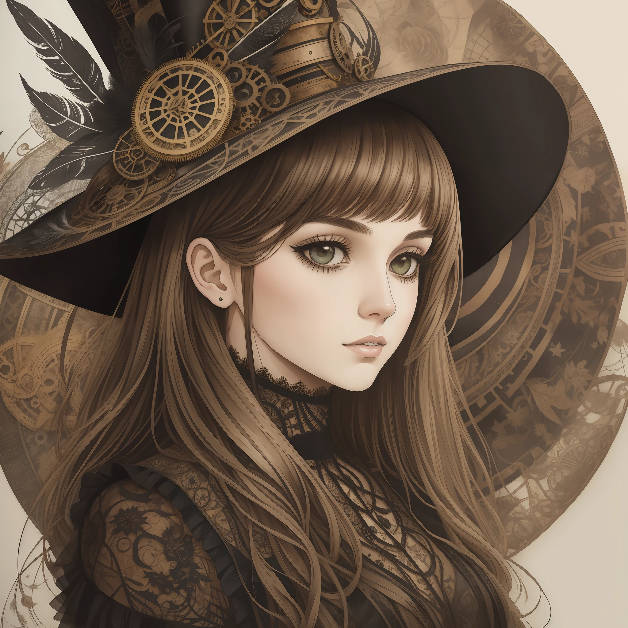 artistic portrait of a girl in a tall hat against a balanced collage background for a magazine, steampunk detailed layers, paper and lace elements in watercolor and ink style, pastel brown and black tones, aesthetically pleasing, grungy aesthetic, lace and feathers, halloween vibes, black ink splashes, mixed mass media