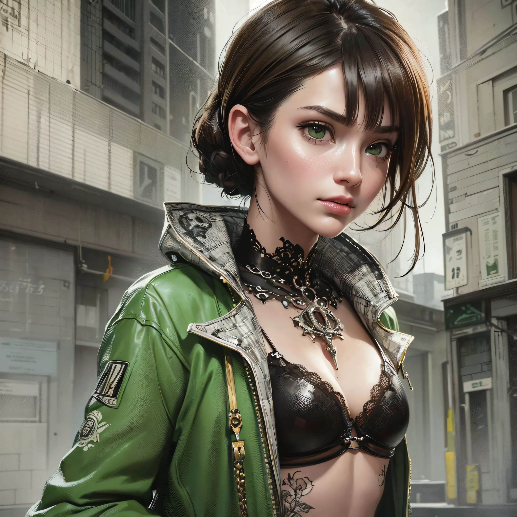 A portrait of a lonely beauty zombie girl alone in a crowd, alabaster skin, grunge suit, gangly background, dubious poses, perfect face, hyper detailed, Dead inside, green eyes, (extremely detailed CG Unity 8K wallpaper), the most beautiful artwork in the world, Atey Ghailan, in the style of Studio Ghibli, by Jeremy Mann, Greg Manchess, Antonio Moro, Intricate, high detail, photorealistic painting art by Midjourney and Greg Rutakowski, matte, Bryan organ, extremely detailed Unity 8K CG wallpaper, high detail, photorealistic painting art by Midjourney and Greg Rutakowski, matte, Bryan organ, extremely detailed Unity 8K CG wallpaper, high detail, photorealistic painting art by Midjourney and Greg Rutzowski, Matte, Bryan organ, extremely detailed CG Unity 8K wallpaper, High detail, photorealistic painting art by Midjourney and Greg Rutakowski, matte, Bryan organ --auto --s2