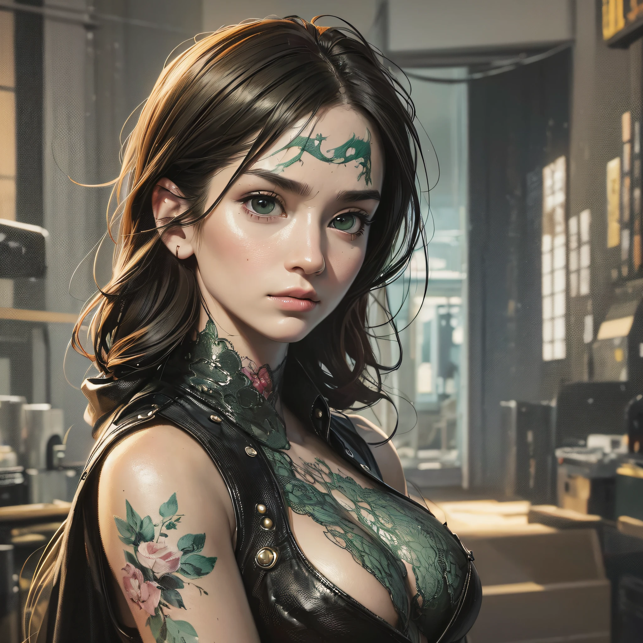 A portrait of a lonely beauty zombie girl alone in a crowd, alabaster skin, grunge suit, gangly background, dubious poses, perfect face, hyper detailed, Dead inside, green eyes, (extremely detailed CG Unity 8K wallpaper), the most beautiful artwork in the world, Atey Ghailan, in the style of Studio Ghibli, by Jeremy Mann, Greg Manchess, Antonio Moro, Intricate, high detail, photorealistic painting art by Midjourney and Greg Rutakowski, matte, Bryan organ, extremely detailed Unity 8K CG wallpaper, high detail, photorealistic painting art by Midjourney and Greg Rutakowski, matte, Bryan organ, extremely detailed Unity 8K CG wallpaper, high detail, photorealistic painting art by Midjourney and Greg Rutzowski, Matte, Bryan organ, extremely detailed CG Unity 8K wallpaper, High detail, photorealistic painting art by Midjourney and Greg Rutakowski, matte, Bryan organ --auto --s2