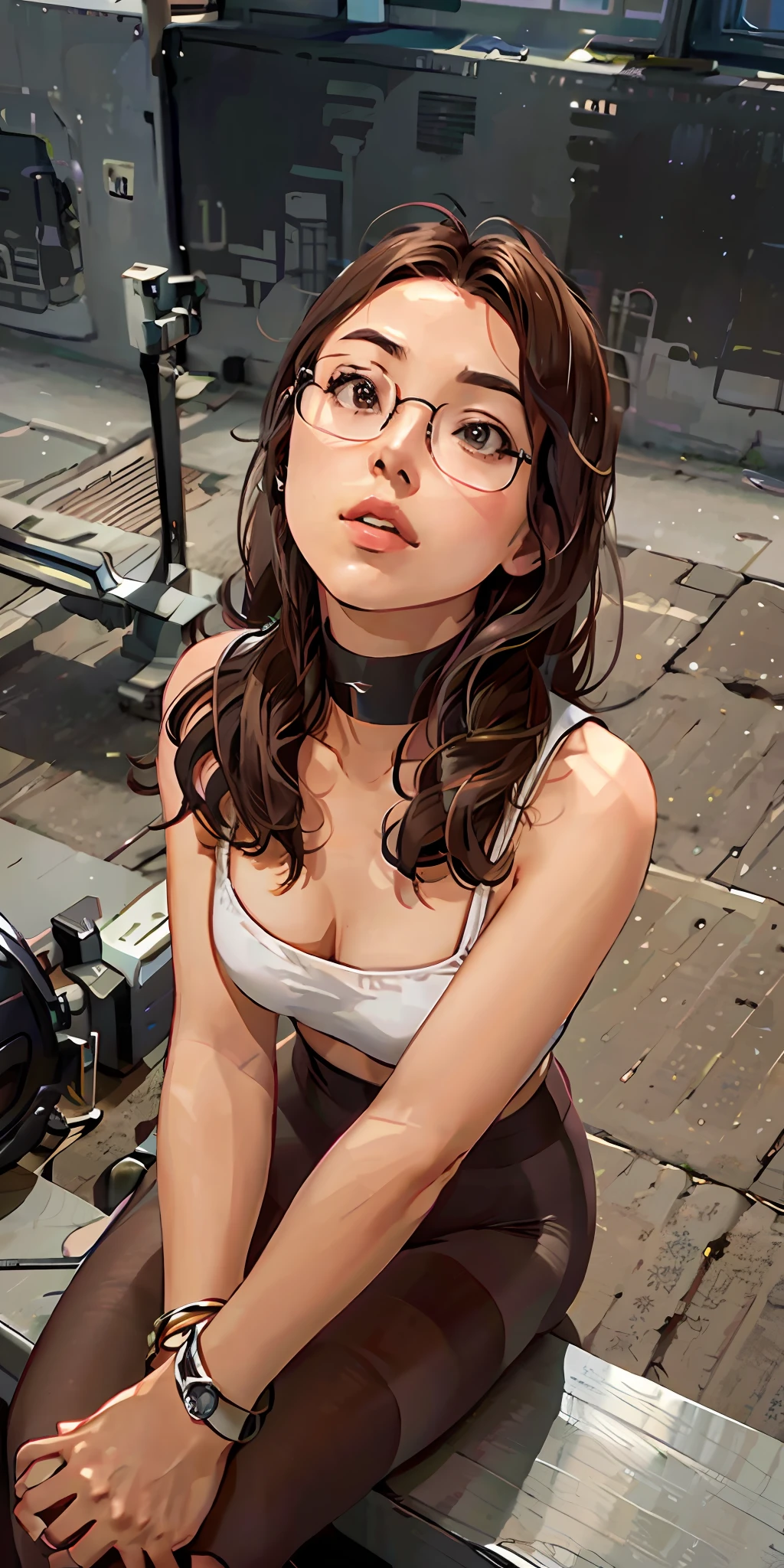 Sitting, praying with her hands, looking up, view from top to bottom, perfect face, beautiful face, short brown hair, wears glasses, choker, bracelet on the arm, pantyhose, look of tenderness.