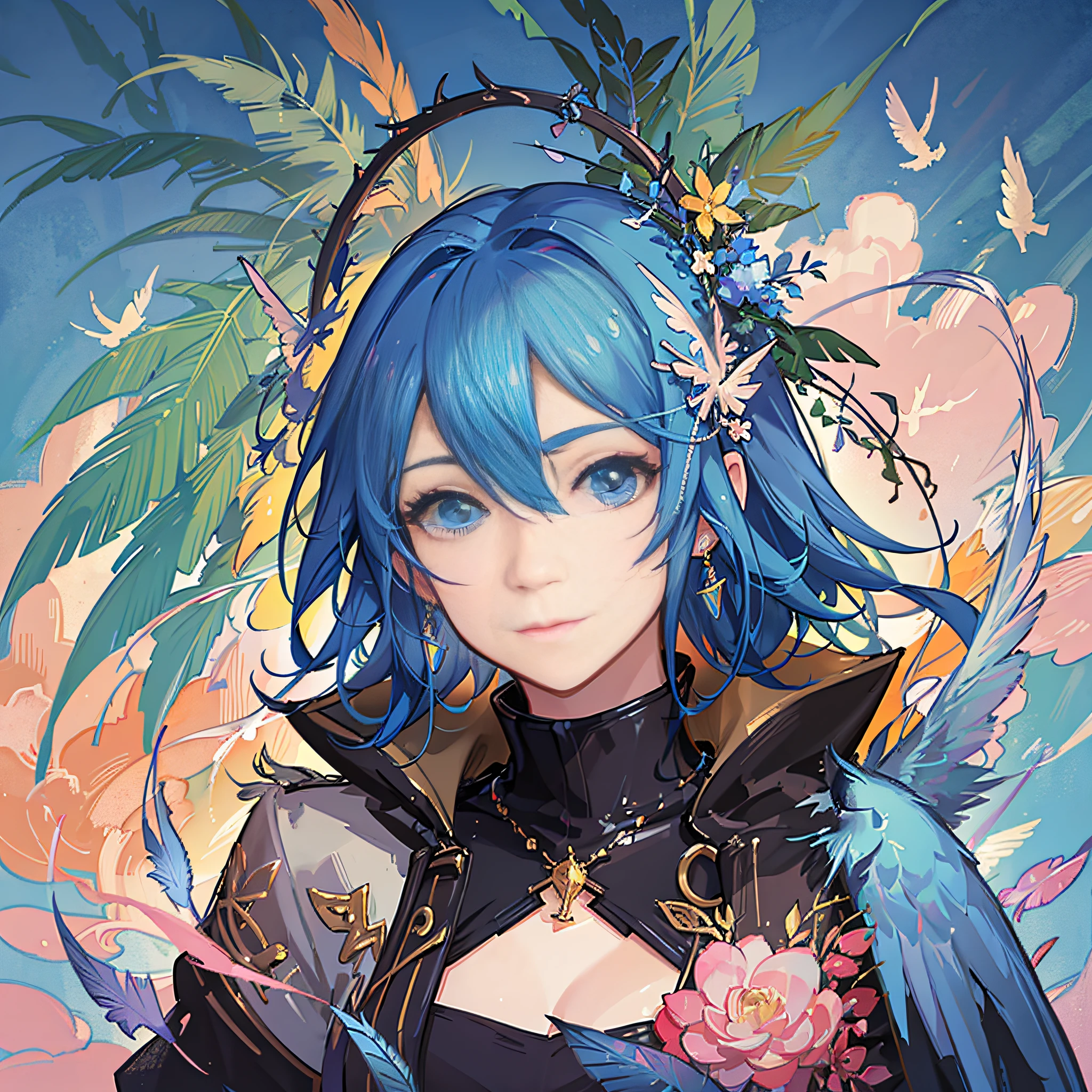 Arapedd puppy with blue hair and colorful feathers, colorful digital fantasy art, colorful digital art, fantasy art style, beautiful digital artwork, 4K highly detailed digital art