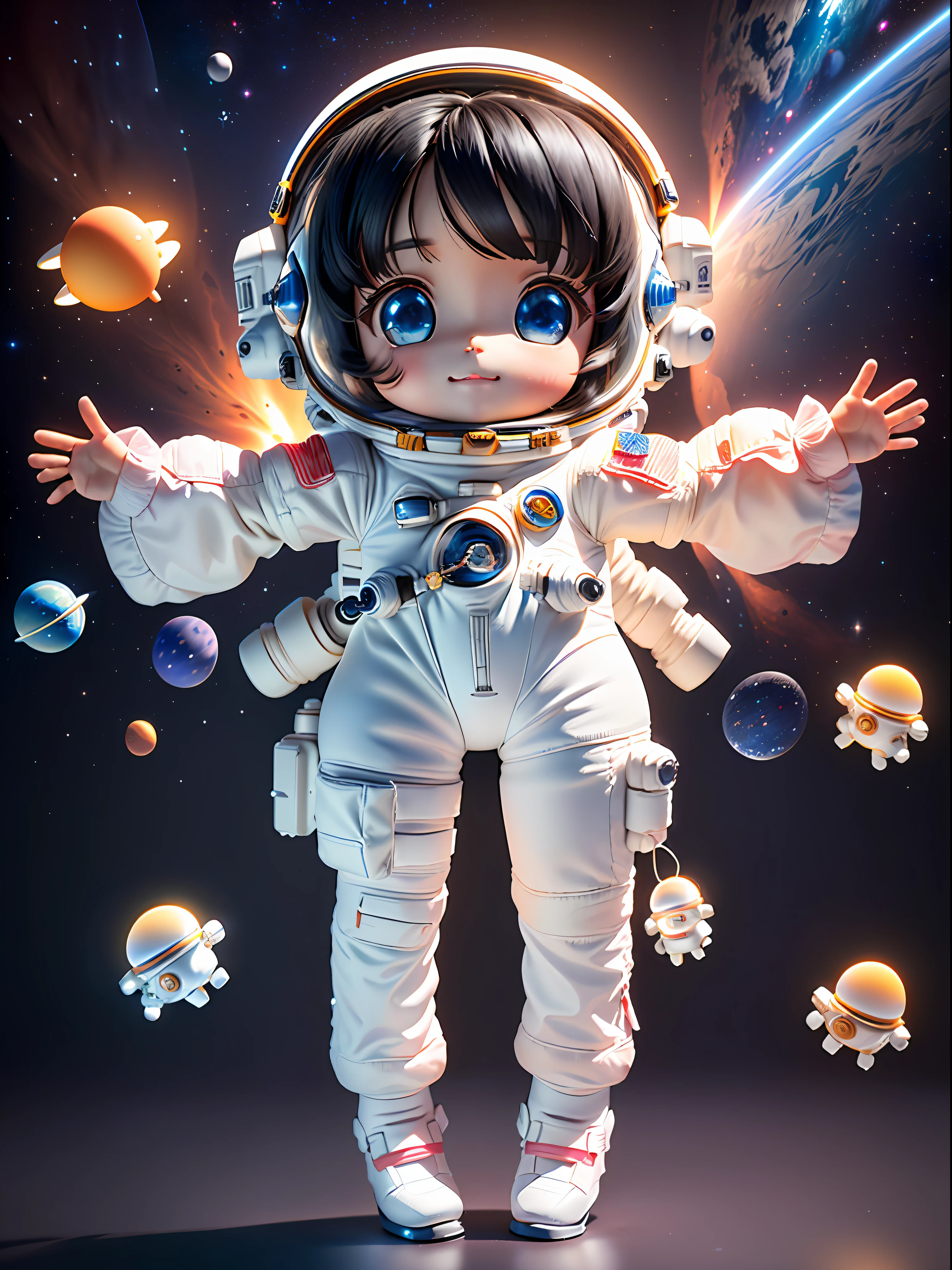 Super cute girl full body 3D picture, 1pc, good looking eyes, big eyes, cute, happy, c4d, pop matt blind box, white long hair, glowing bubbles, toys, solid color background, chibi, fluorescent translucency, luminous body, kawaii, doll, (((astronaut, spacesuit))), reference table, pop mart blind box, Pixar, complex details, 3d rendering, blender, OC renderer, fol body reference sheet, Dribble, High Details, 8K, Studio Lighting, Loli, Petite, Child, Chibi, SD characters: 1.1, Magic Space Chambers background (suspended in the air) (black hair)