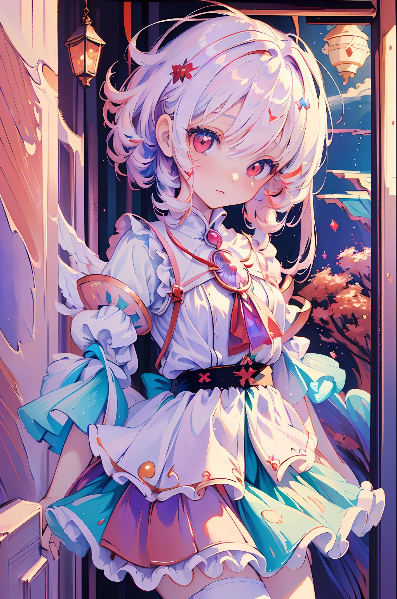 beautiful illustration, best quality, cute petit girl, (transform sequence), transform magical girl, chibi, white magical girl, fractal art, albino, babyface, long pure white and red mesh hair, beautiful detailed red eyes, cinematic lighting, cowboy shot, looking at viewer, from bottom, happy