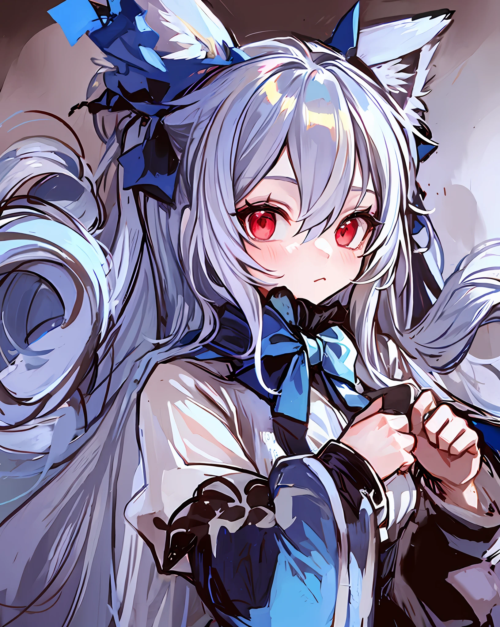 1girl, blue bow, animal ears, red eyes, long hair, very long hair, long sleeves, solo, bow, hair between eyes, tail, fox tail, bangs, dress, white legwear, white hair