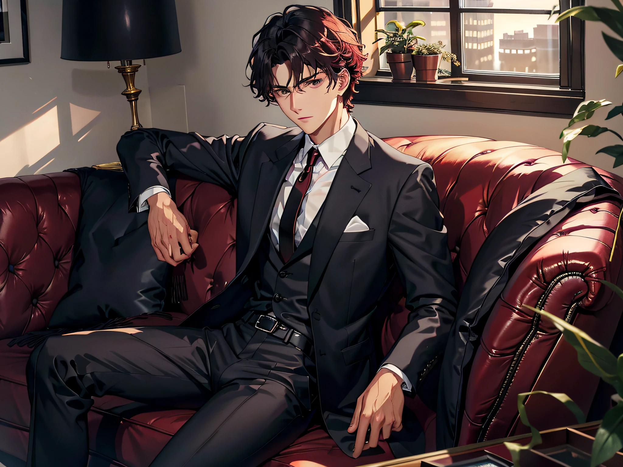 A handsome boy, 20 years old, sitting on a luxury sofa in the office, behind a floor-to-ceiling window, a serious face, medium hair, wearing a black suit and shirt, holding red wine