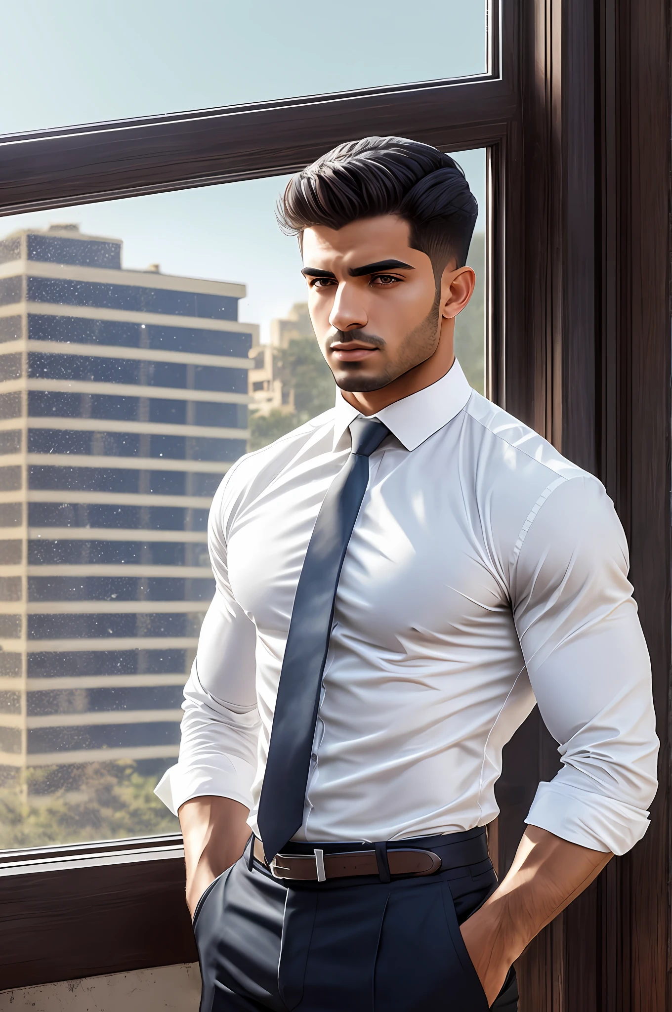 1man, a 20-year-old middle eastern muscular man, wearing a long-sleeved white shirt and tie, hands in trouser pockets, body structure correct, toseled hair, standing in front of a window, soft lighting, masterpiece, best quality, 8k ultra HD, DSLR camera, Midjourney and greg rutkowski's Fujifilm XT3 realistic painting art --auto --s2