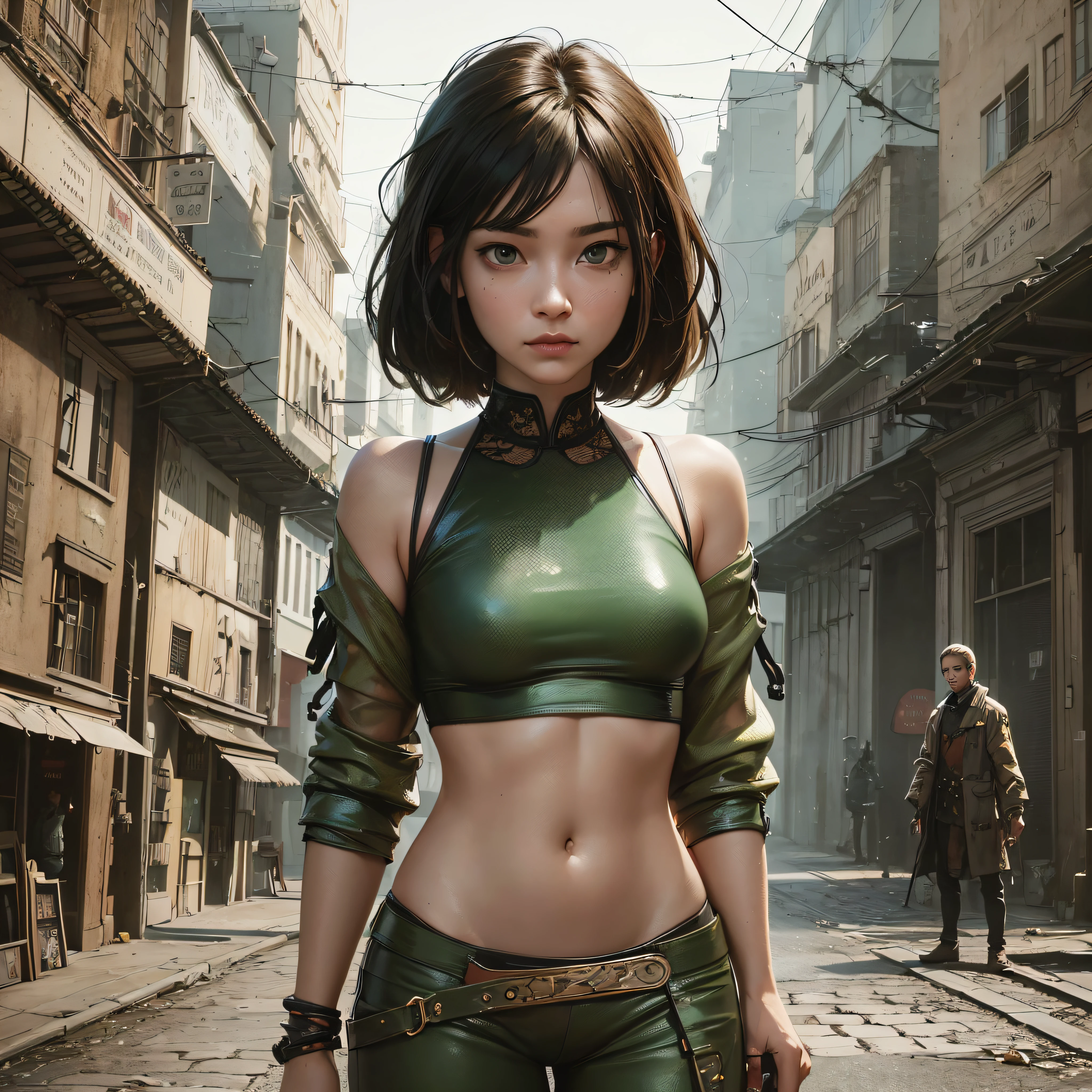 A portrait of a lonely beauty zombie girl alone in a crowd, alabaster skin, grunge suit, gangly background, dubious poses, perfect face, hyper detailed, Dead inside, green eyes, (extremely detailed CG Unity 8K wallpaper), the most beautiful artwork in the world, Atey Ghailan, in the style of Studio Ghibli, by Jeremy Mann, Greg Manchess, Antonio Moro, Intricate, high detail, photorealistic painting art by Midjourney and Greg Rutakowski, matte, Bryan organ, extremely detailed Unity 8K CG wallpaper, high detail, photorealistic painting art by Midjourney and Greg Rutakowski, matte, Bryan organ, extremely detailed Unity 8K CG wallpaper, high detail, photorealistic painting art by Midjourney and Greg Rutzowski, Matte, Bryan organ, extremely detailed CG Unity 8K wallpaper, High detail, photorealistic painting art by Midjourney and Greg Rutakowski, matte, Bryan organ --auto --s2