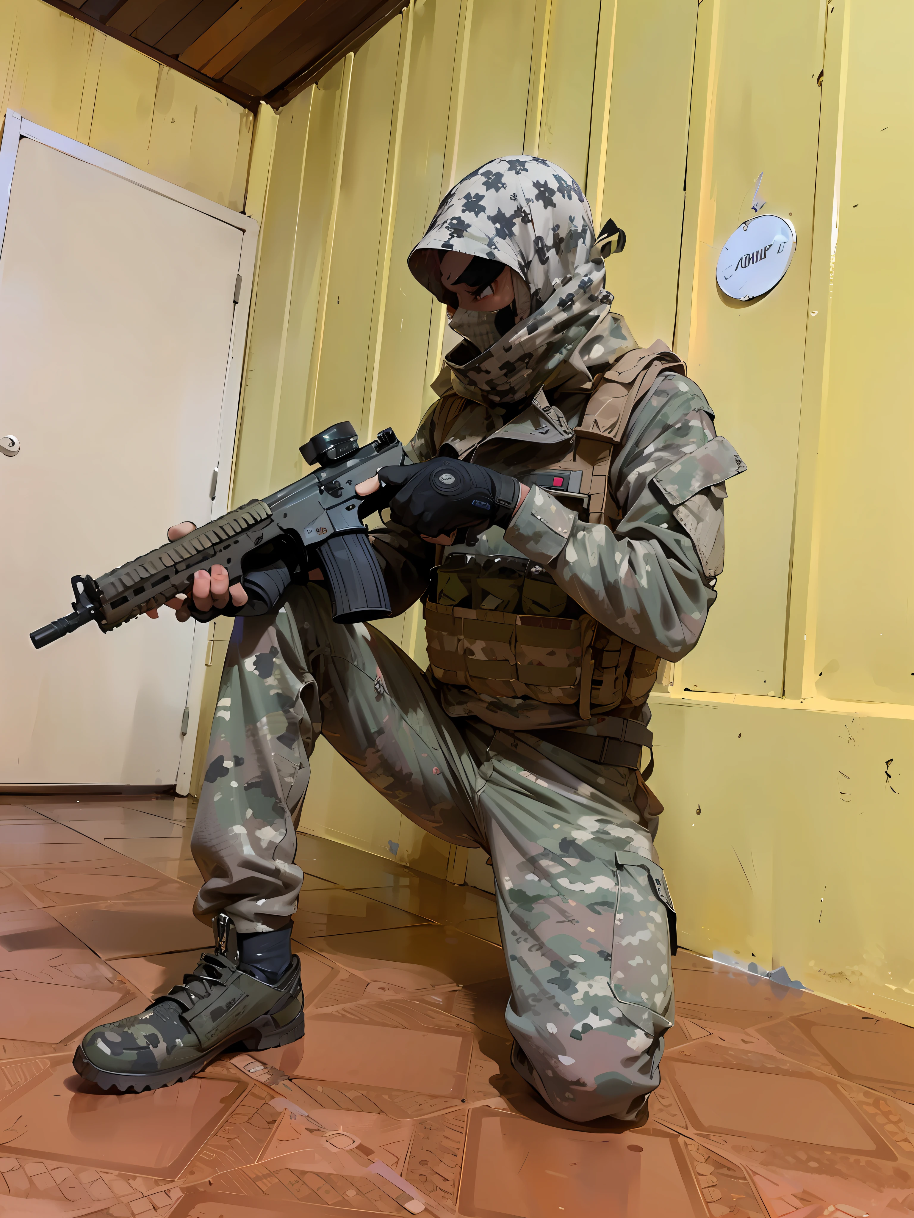 arafed soldier kneeling down with a rifle in his hand, airsoft cqb, wearing tactical gear, holding pdw, multicam camo, camouflaged gear, multicam uniform, airsoft close quarter combat, ready for combat, multicam, miltary, full soldier clothing, dressed in tactical armor, tactical gear, profile shot, combat gear, future soldier clothing