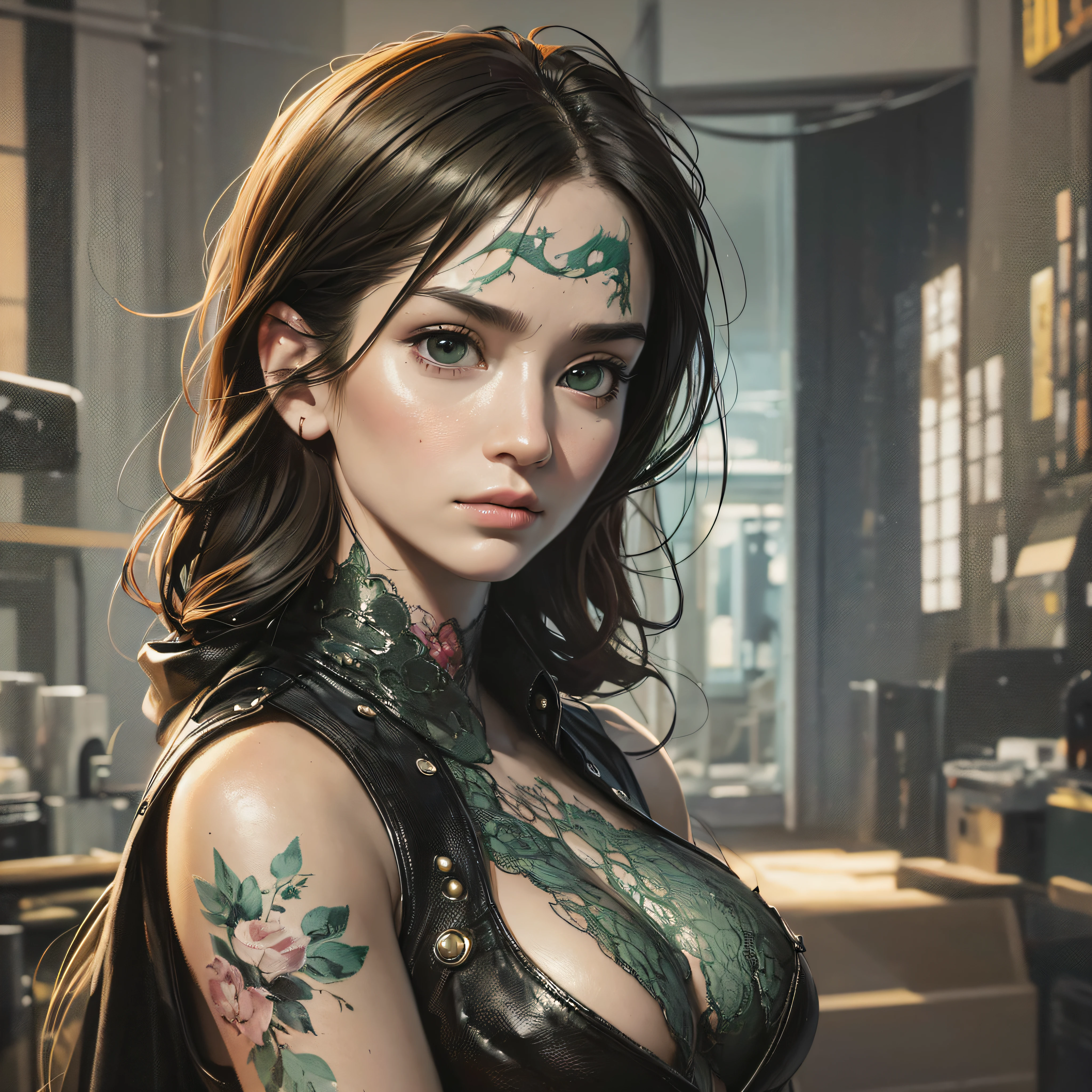 A portrait of a lonely beauty zombie girl alone in a crowd, alabaster skin, grunge suit, gangly background, dubious poses, perfect face, hyper detailed, Dead inside, green eyes, (extremely detailed CG Unity 8K wallpaper), the most beautiful artwork in the world, Atey Ghailan, in the style of Studio Ghibli, by Jeremy Mann, Greg Manchess, Antonio Moro, Intricate, high detail, photorealistic painting art by Midjourney and Greg Rutakowski, matte, Bryan organ, extremely detailed Unity 8K CG wallpaper, high detail, photorealistic painting art by Midjourney and Greg Rutakowski, matte, Bryan organ, extremely detailed Unity 8K CG wallpaper, high detail, photorealistic painting art by Midjourney and Greg Rutzowski, Matte, Bryan organ, extremely detailed CG Unity 8K wallpaper, High detail, photorealistic painting art by Midjourney and Greg Rutakowski, matte, Bryan organ --auto --s2