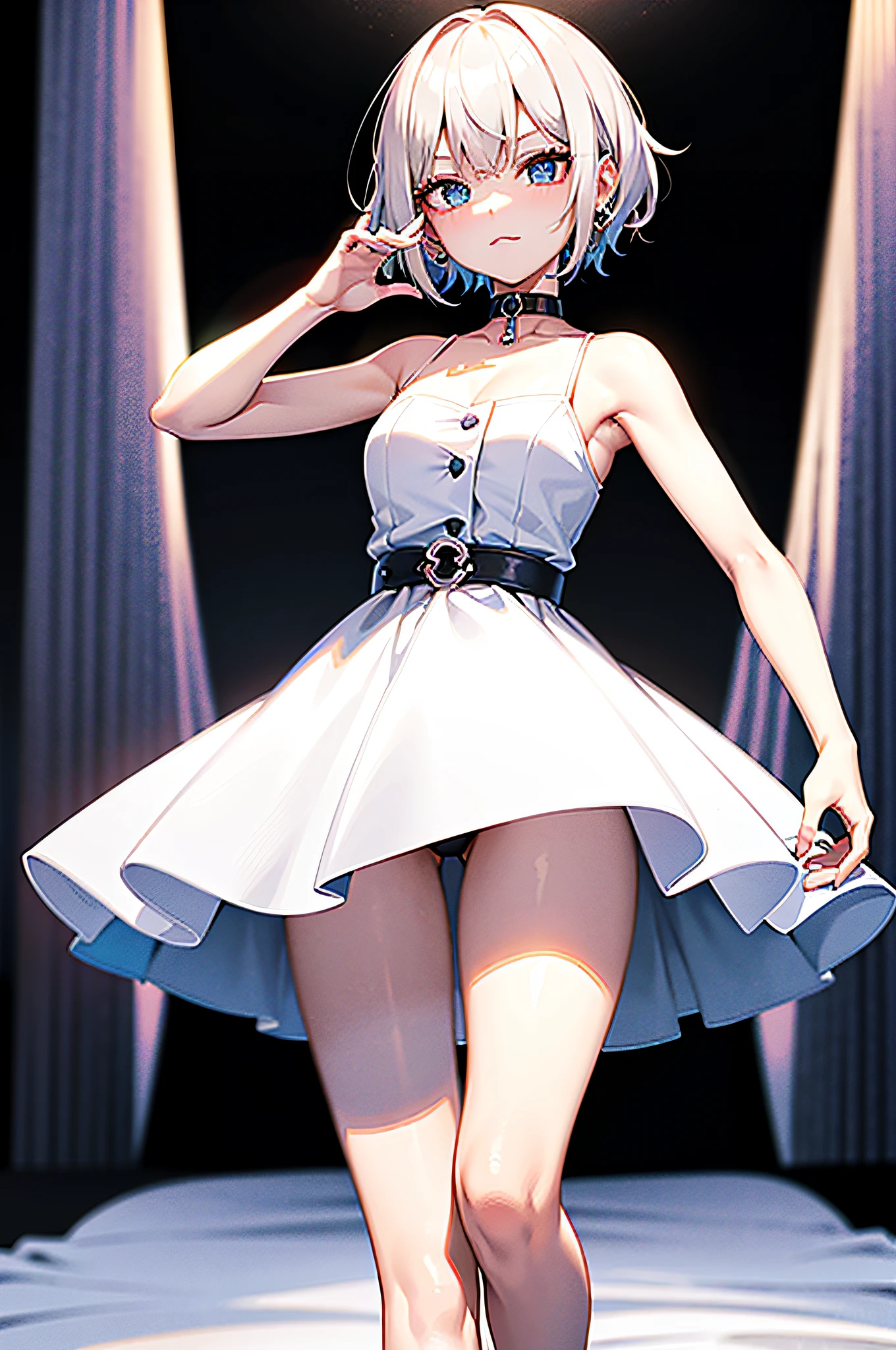 Best quality, ultra high definition, ung girl, sleeveless short white dress with buttons, black choker, cute, (Kpop idol), (aegyo sal:1), (platinum blonde hair:1), ((blue eyes)), looking at the viewer, full body, facing forward