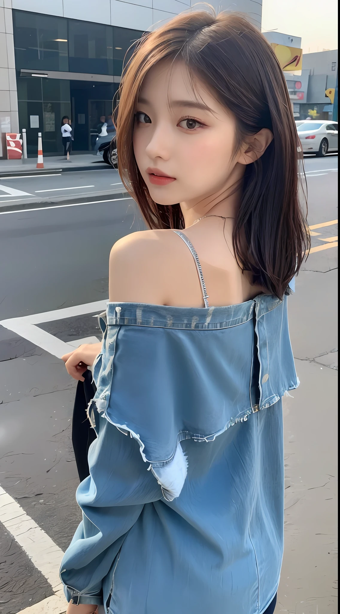 ((Top Quality, 8K, Masterpiece: 1.3)), Focus: 1.2, Perfect Body Beauty: 1.4, Ass: 1.2, ((Layered Haircut, Chest: 1.2)), (Wet Clothes: 1.1), (Street: 1.3), Elegant Dress: 1.1, Highly Detailed Face and Skin Texture, Narrow Eyes, Double Eyelids, Whitening Skin, Long Hair, (Shut Up: 1.3), Back