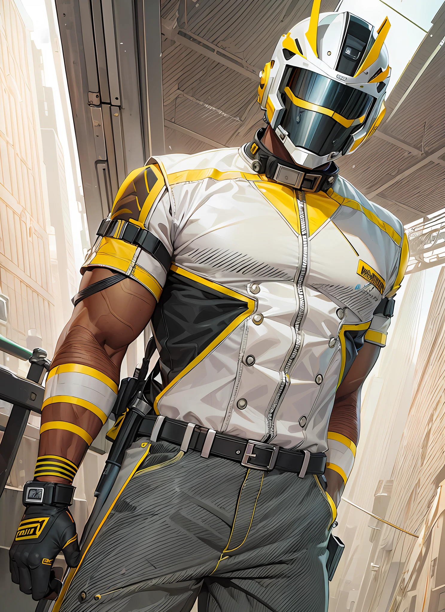 (masterpiece, high quality, 8K, full body) male, muscular male, muscle detail, faceless, faceless male, masked, helmet, cyberpunk mask, cyberpunk helmet, helmet covering all of face, googly eyes on helmet, engineer outfit, safety jacket, longpants, gloves, safety belts, boots, dynamic pose, machine background