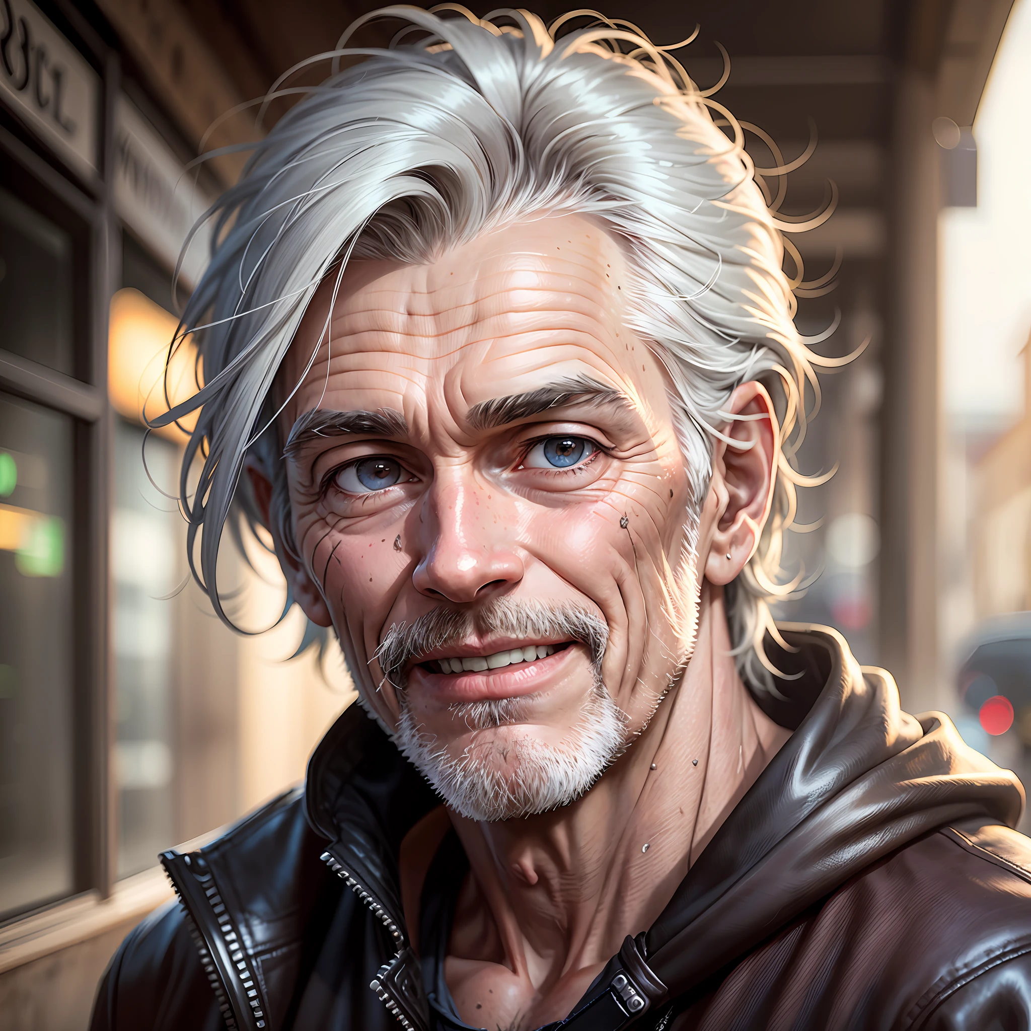 Realistic photography, closeup of cheerful, animated man, dirty 55yo, slightly gray hair, eye focus, 50mm f/1.4, hdr masterpiece, dramatic lighting, epic, hair in the wind, wearing leather coat, post-apocalyptic country town, year 2590 --auto --s2