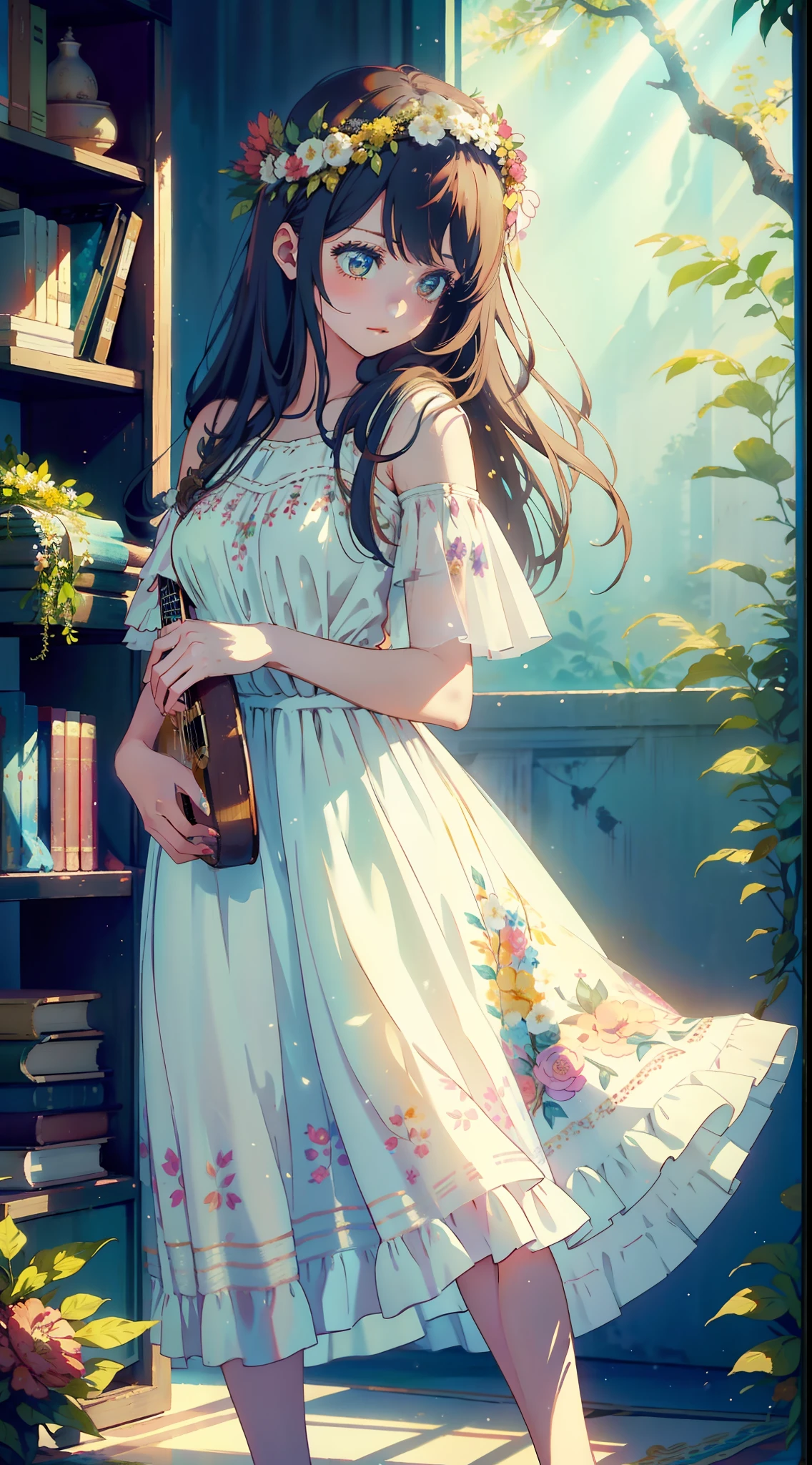 Girl, Solo: Style: Boho Quality: Dreamer Quality: Creative Painting: Delicate Henna on her hands and feet Image effect: A soft filter, creating an ethereal atmosphere around her Appearance: Wearing a long dress with floral prints and a wreath in her loose hair Composition: Holding a guitar and surrounded by books and brushes.